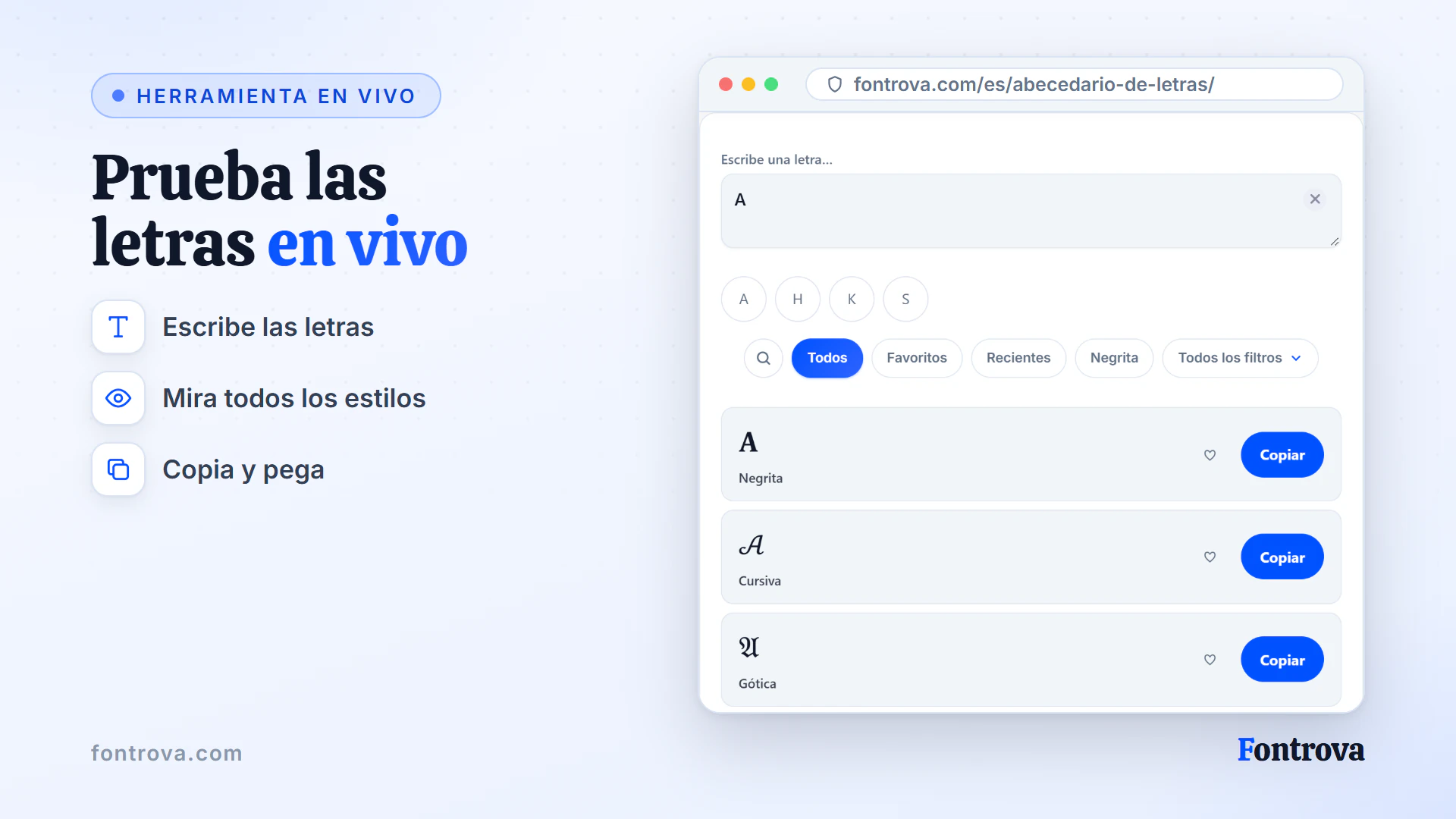 Herramienta de abecedario mostrando la letra A en Negrita, Cursiva y Gótica Unicode con botones Copiar