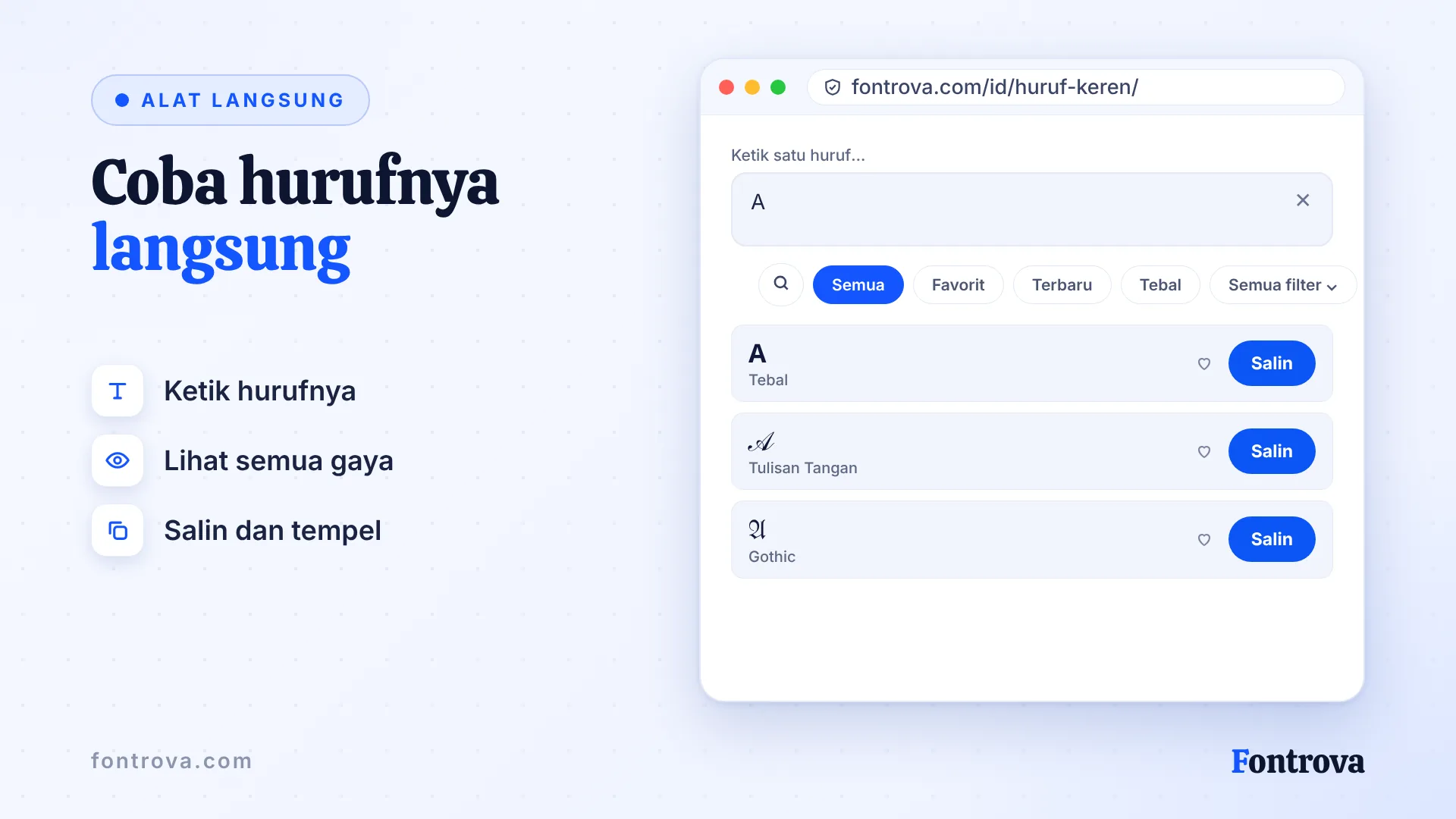 Alat huruf keren menampilkan huruf A dalam gaya Tebal, Tulisan Tangan, dan Gothic