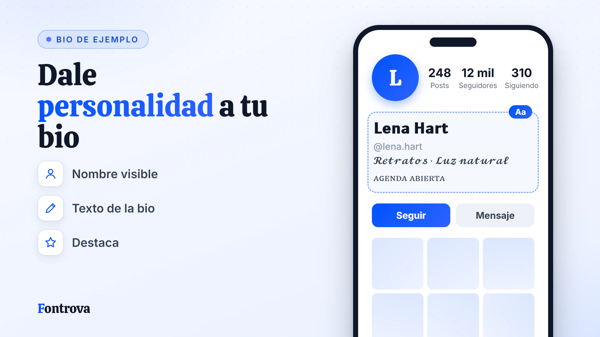 Bio de ejemplo con nombre en Sans Negrita, frase en Cursiva Negrita y línea en Versalitas para un perfil de fotografía