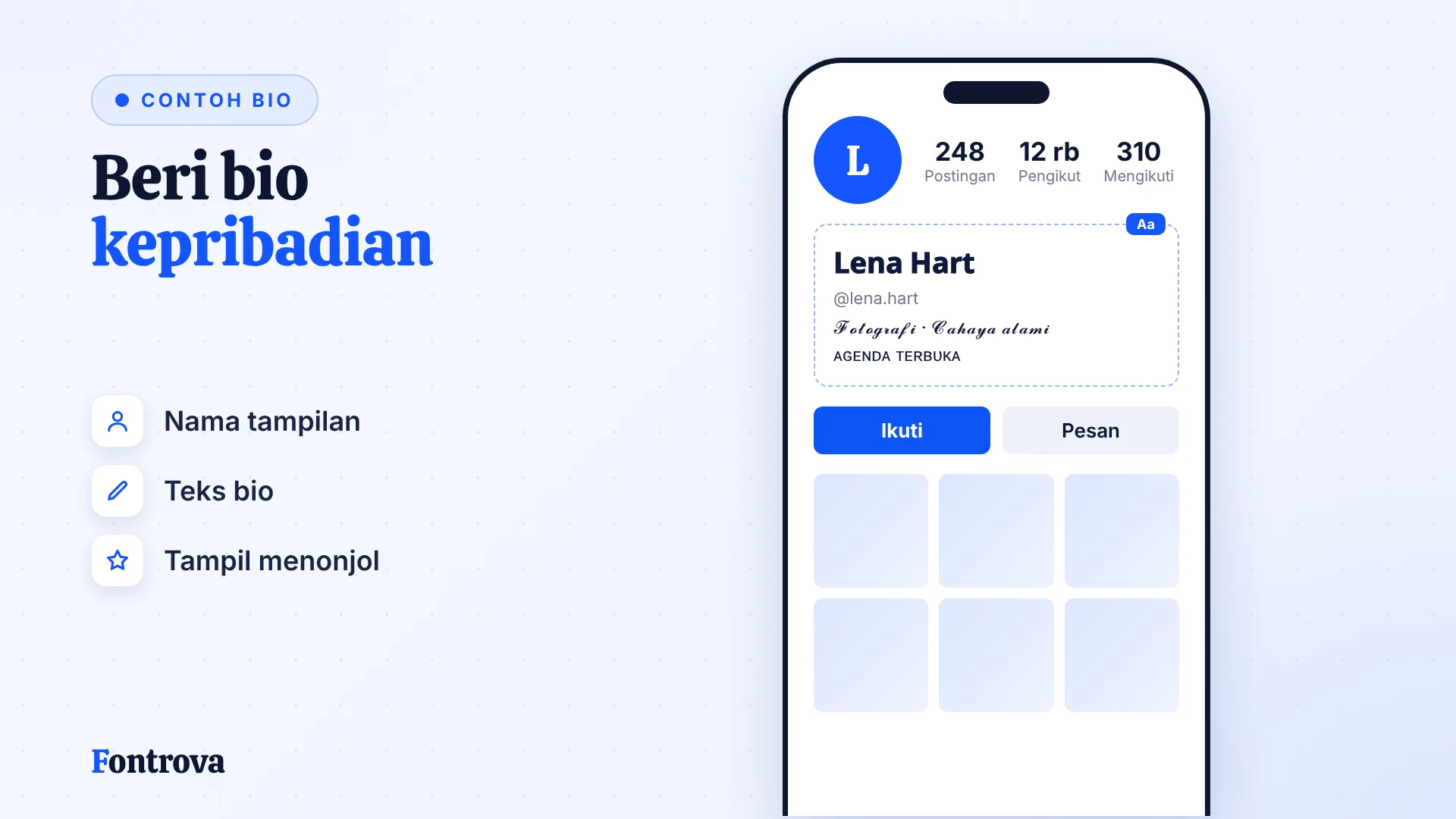 Contoh bio Instagram: nama Sans Tebal, frasa Tulisan Tangan Tebal, dan baris Kapital Kecil