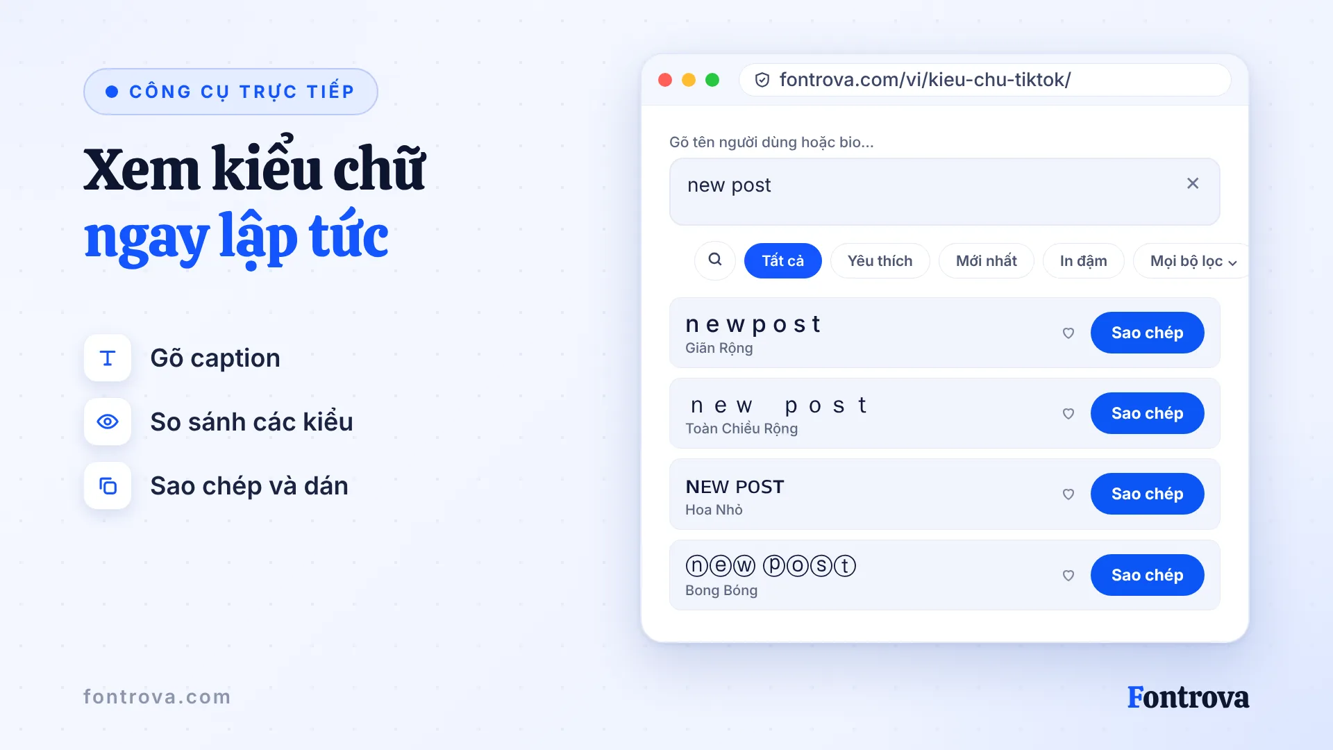 Công cụ bio TikTok hiển thị dòng new post ở bốn kiểu Unicode