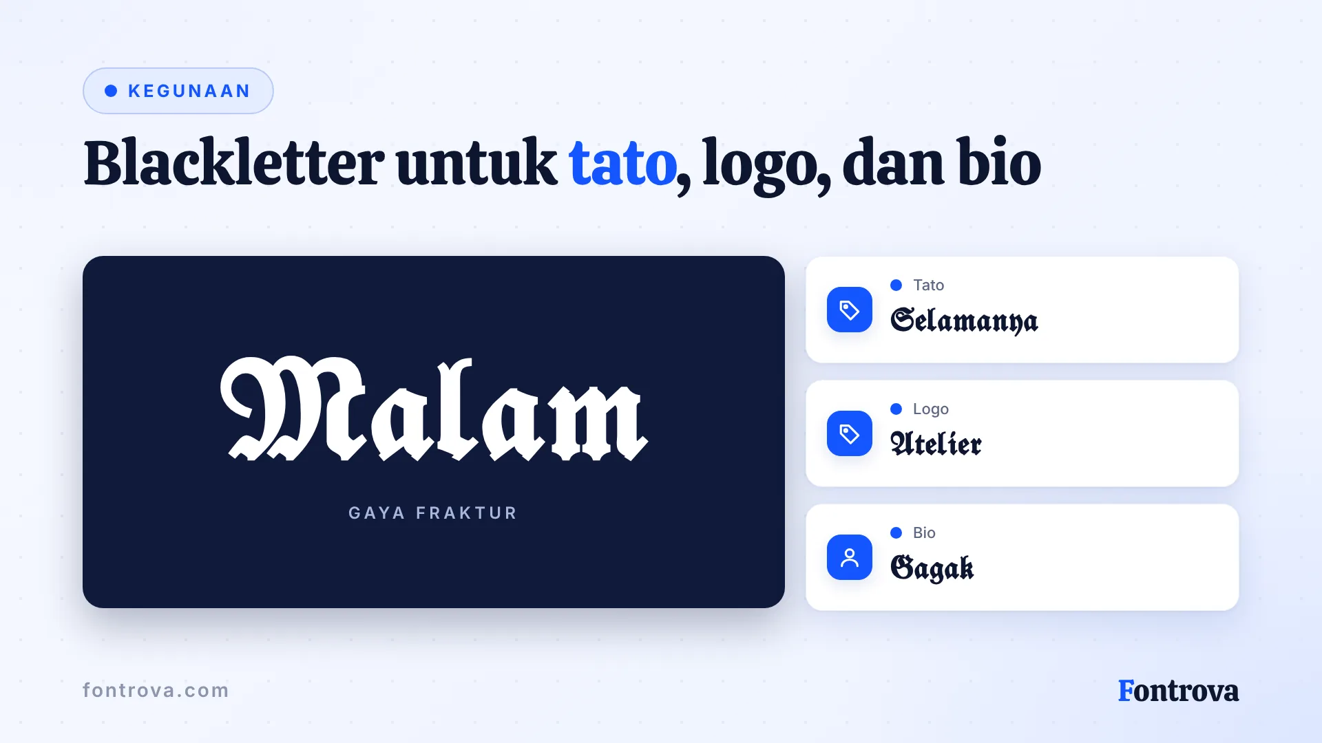Contoh besar Gothic Tebal dengan kegunaan untuk kata tato, logo atelier, dan bio media sosial