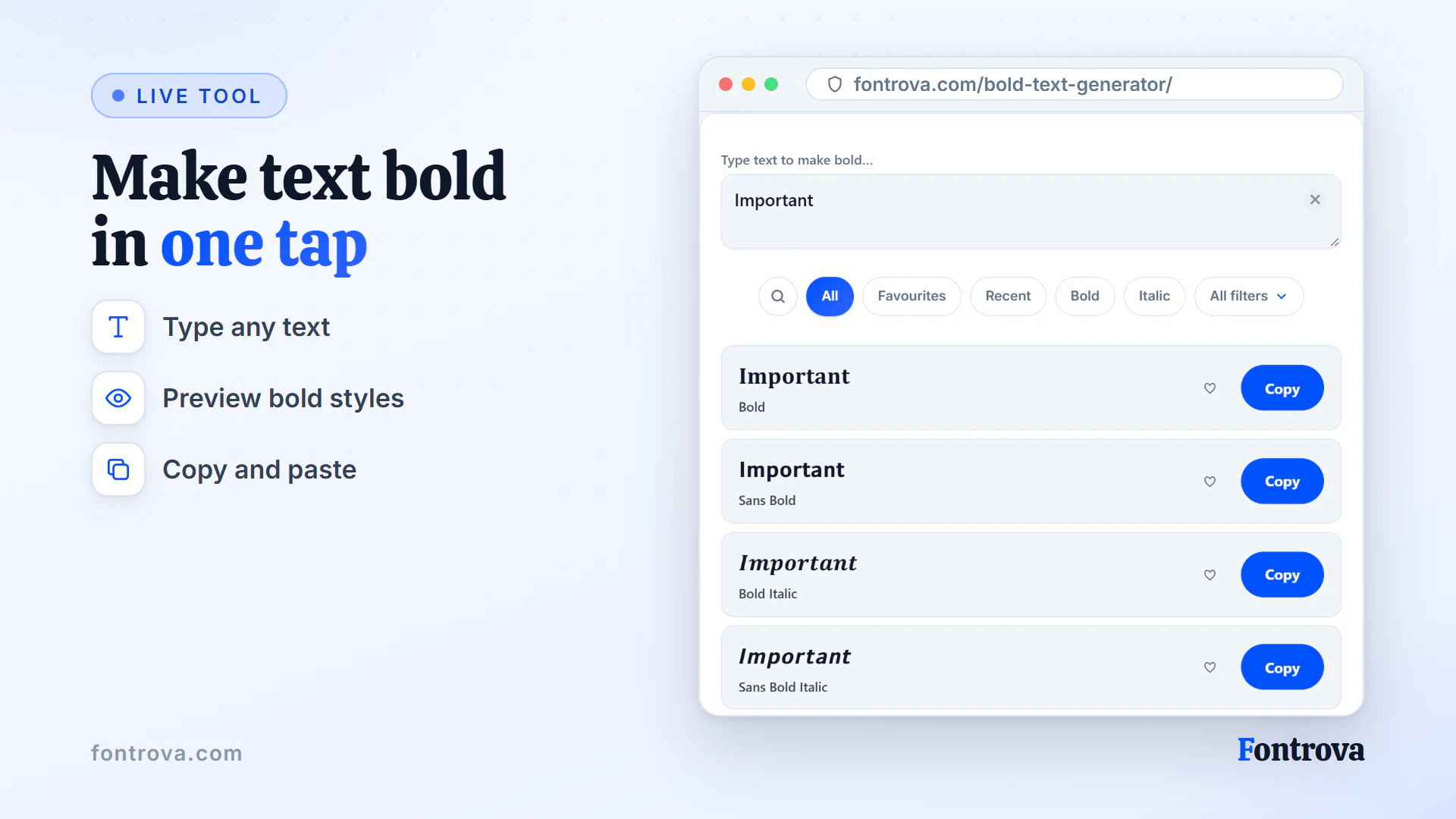 Bold text generator showing the word Important in Bold, Sans Bold and other bold Unicode styles