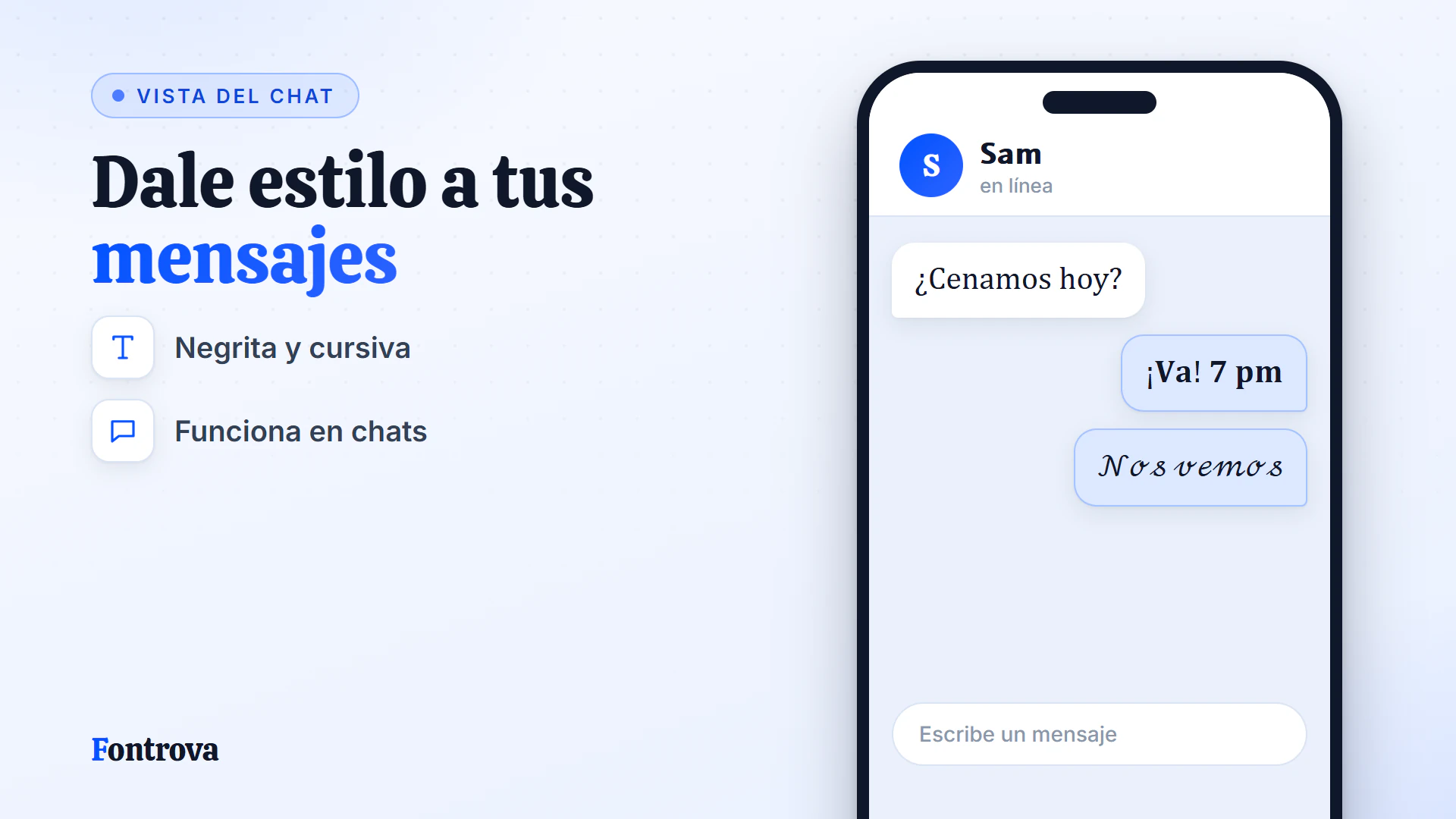 Vista de chat con mensajes en texto normal, Negrita y Cursiva Unicode creados con un generador de letras