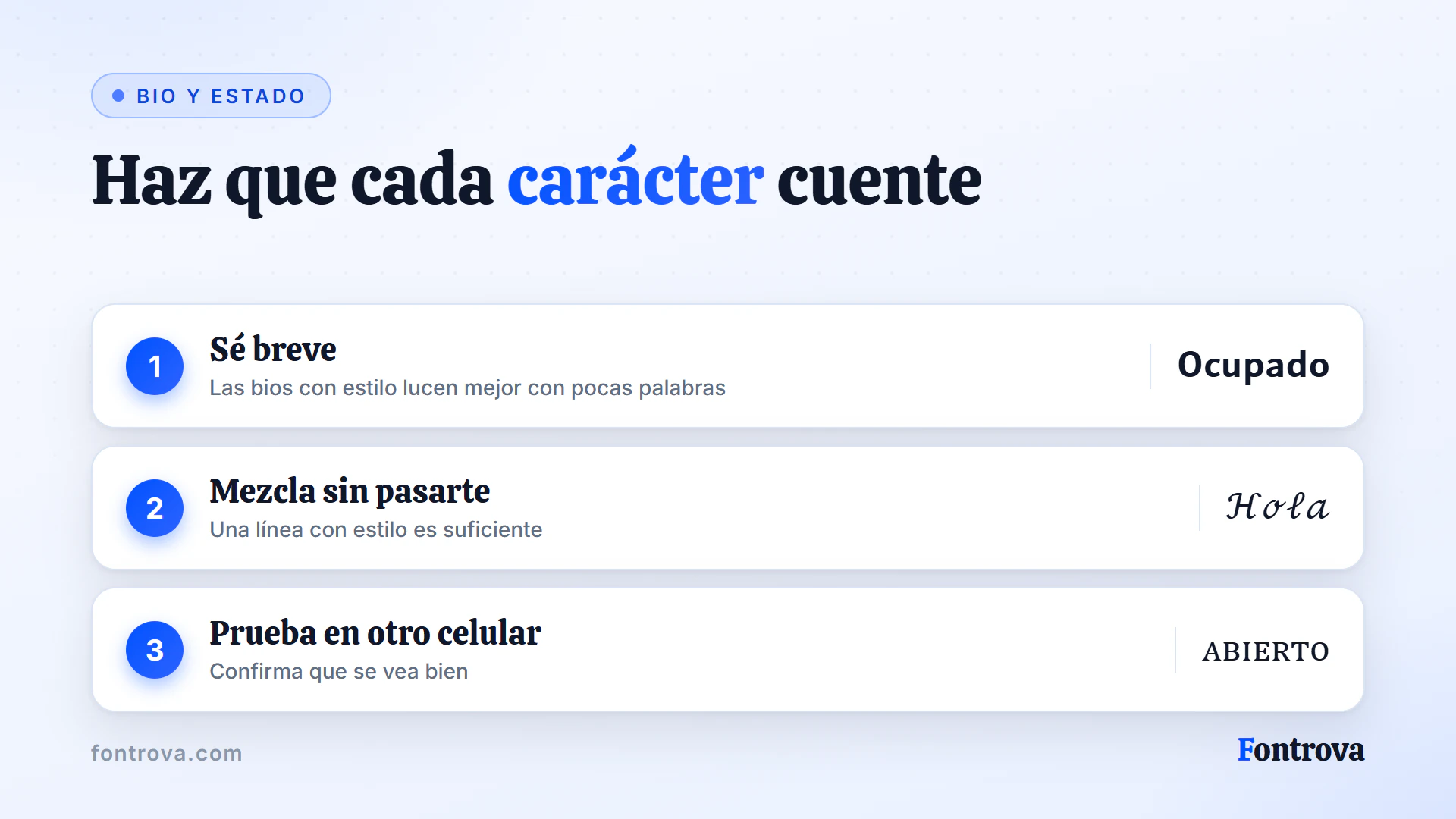 Tres consejos para la bio y el estado del chat con ejemplos cortos: sé breve, mezcla estilos y prueba en otro celular