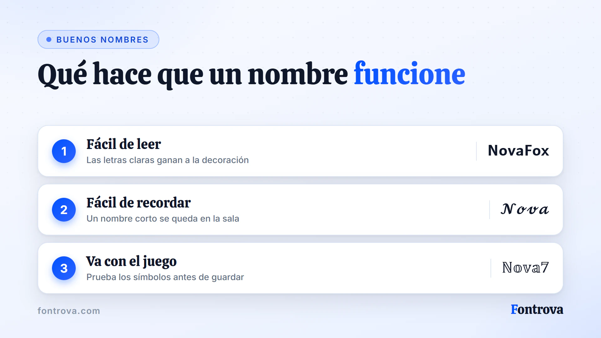 Tres consejos para un buen nombre gamer: fácil de leer, fácil de recordar y probado en el juego, cada uno con un ejemplo