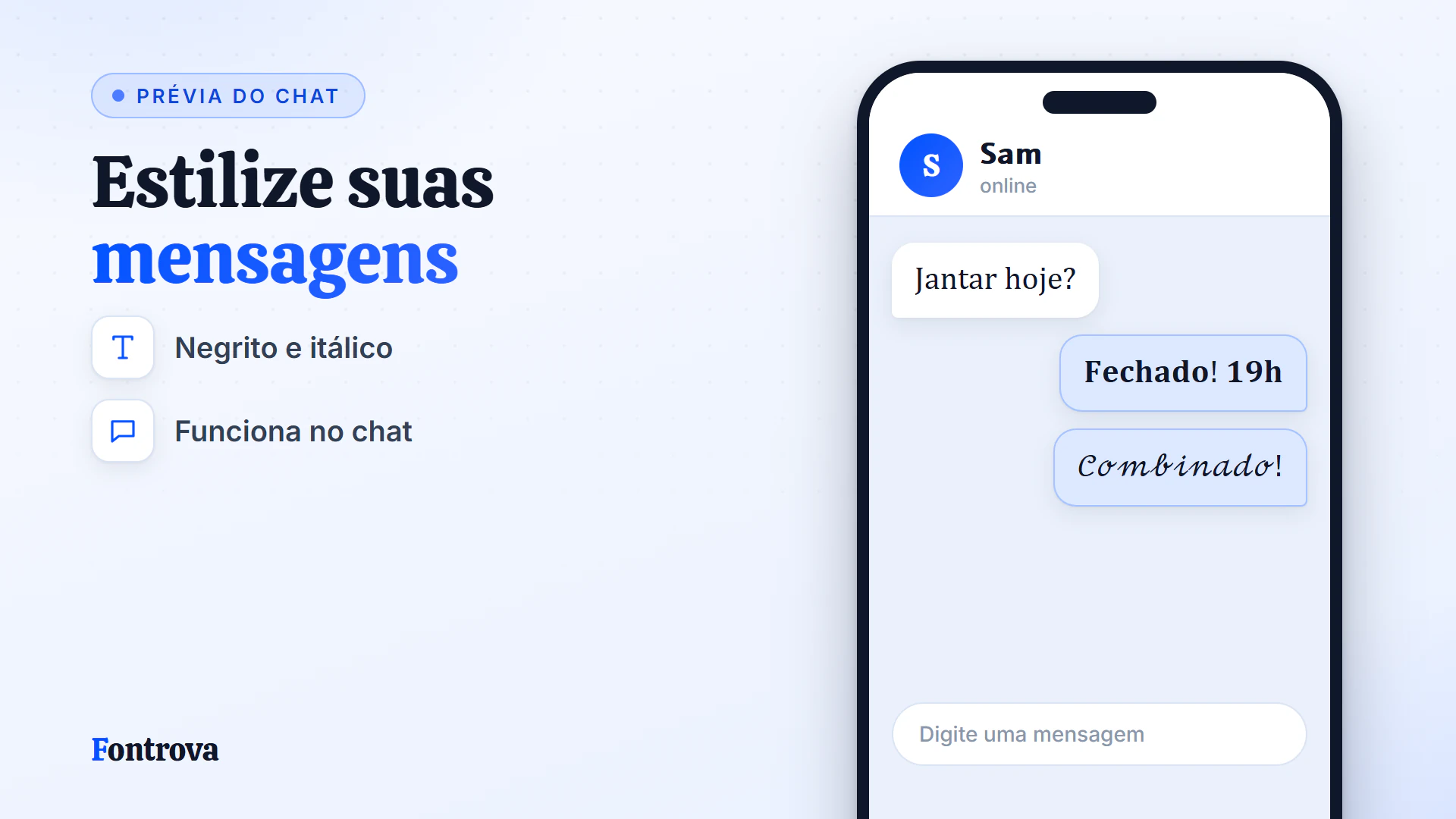 Prévia de conversa com mensagens em texto simples, Negrito e Cursiva Unicode criadas com letras para WhatsApp