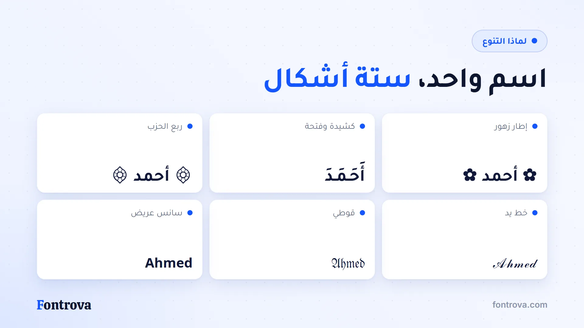 الاسم أحمد وAhmed بستة أشكال عربية وإنجليزية: كشيدة وإطار وخط يد وقوطي
