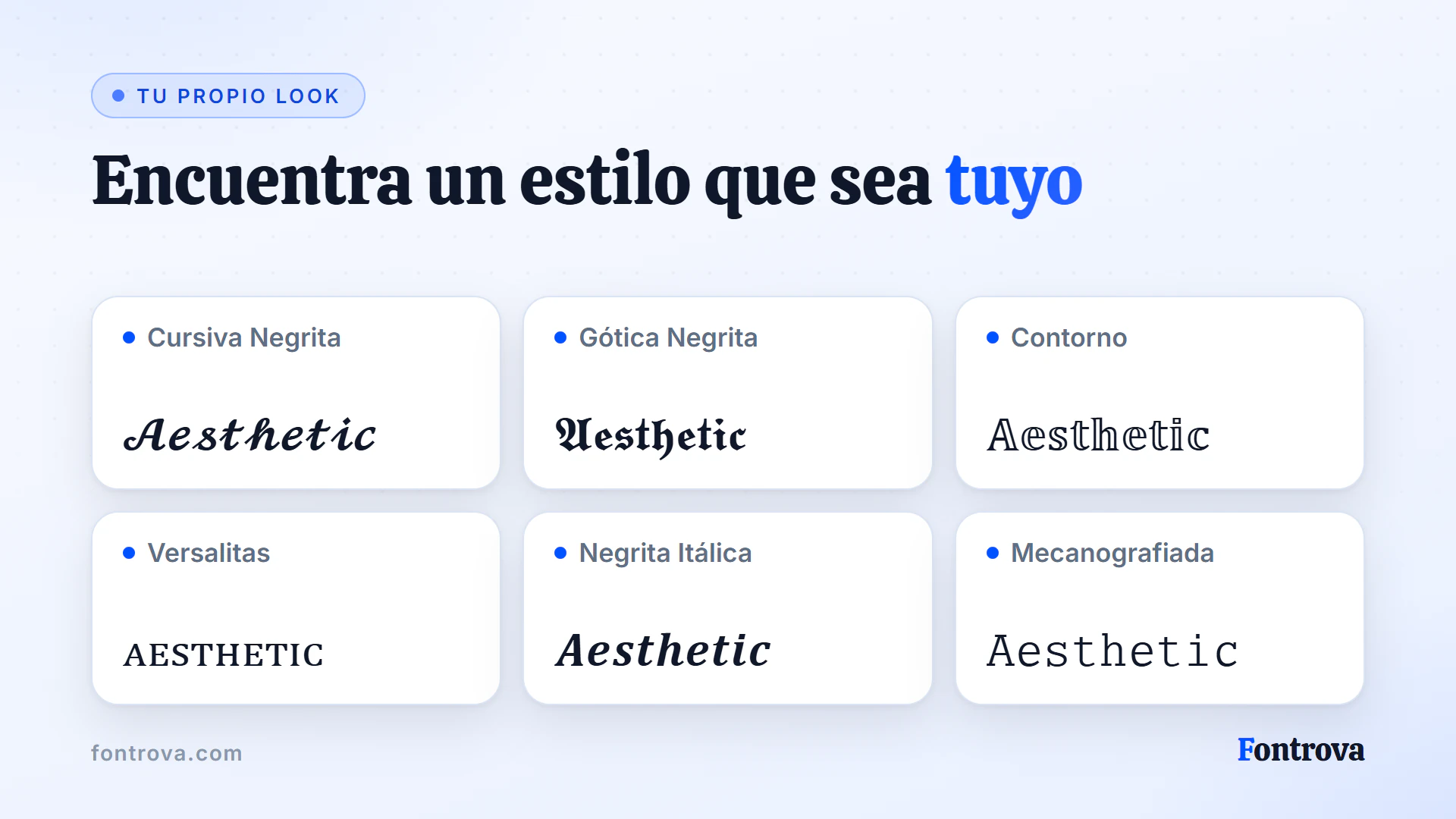 La palabra Aesthetic en seis estilos Unicode para bio, como Cursiva Negrita, Gótica Negrita y Contorno