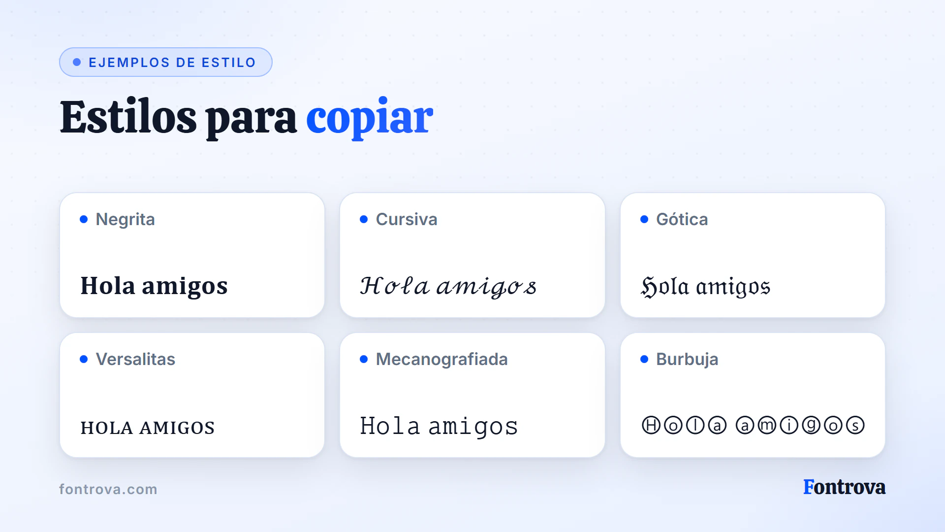 El saludo Hola amigos en Negrita, Cursiva, Gótica, Versalitas, Mecanografiada y Burbuja para chats y biografías
