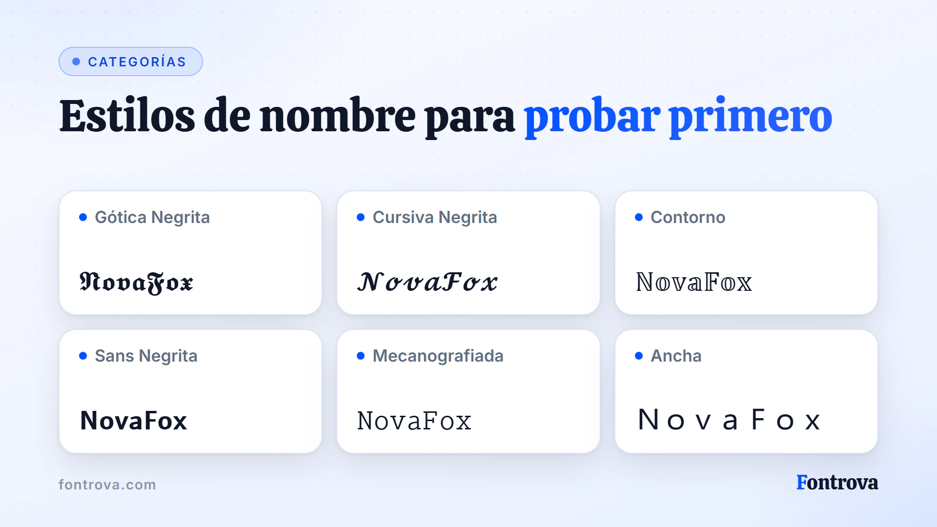NovaFox en seis estilos de nombre gamer: Gótica Negrita, Cursiva Negrita, Contorno, Sans Negrita, Mecanografiada y Ancha