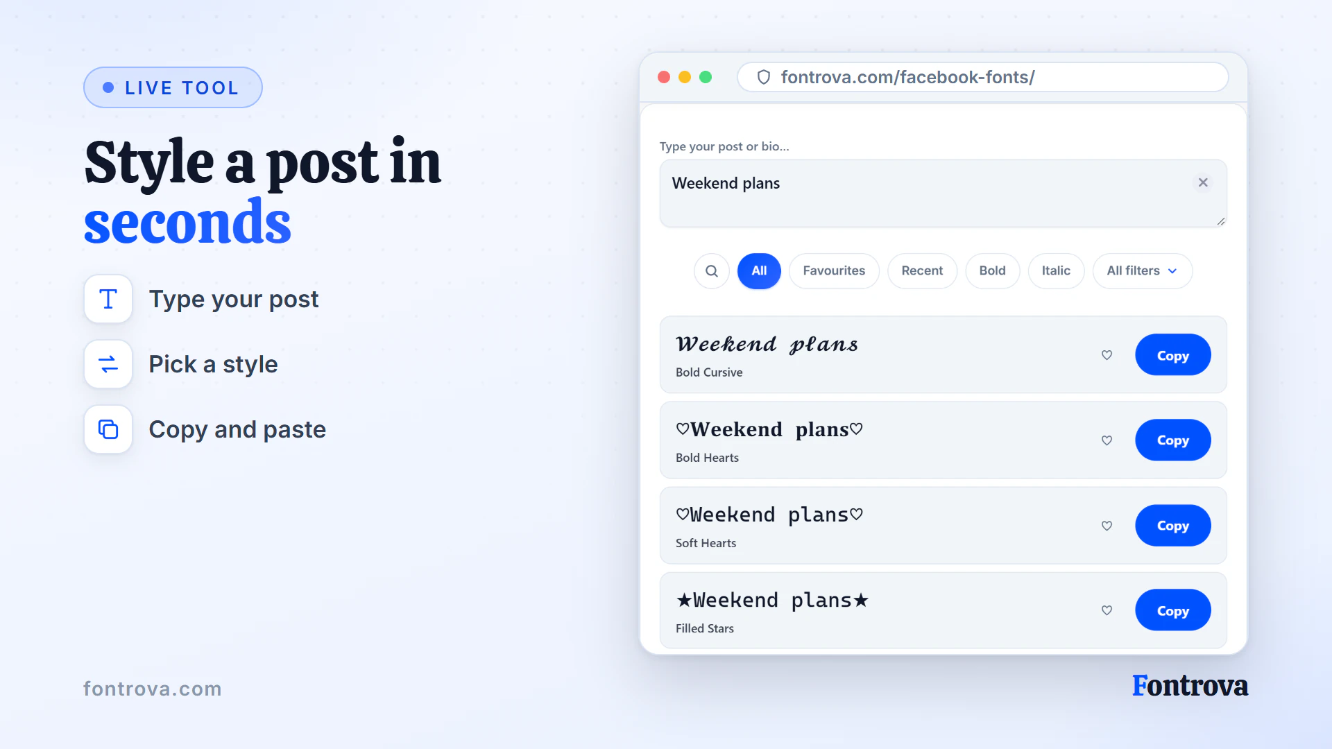 Facebook fonts generator showing the phrase Weekend plans in many Unicode styles with Copy buttons