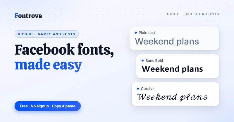 Facebook fonts guide: the phrase Weekend plans in plain text, Sans Bold and Cursive Unicode styles