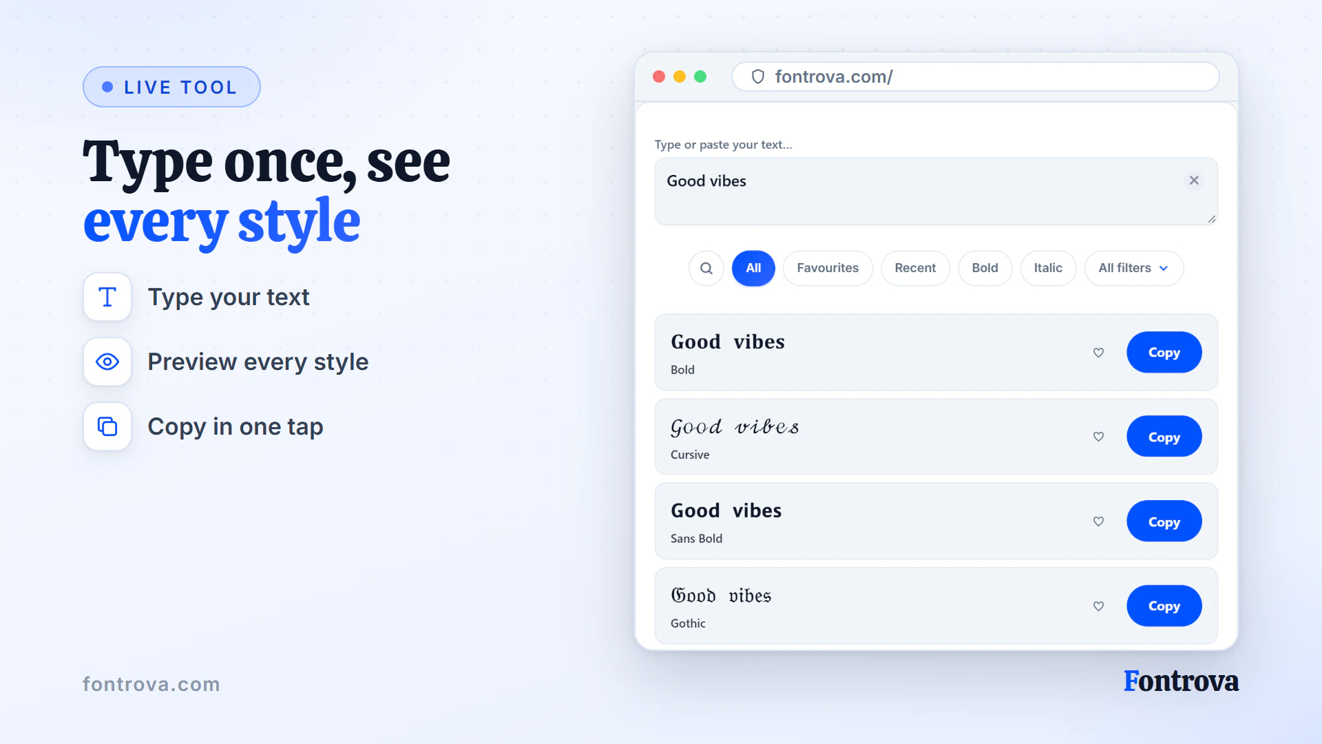 Font generator preview showing the text Good vibes converted into Bold, Cursive and Sans Bold Unicode styles