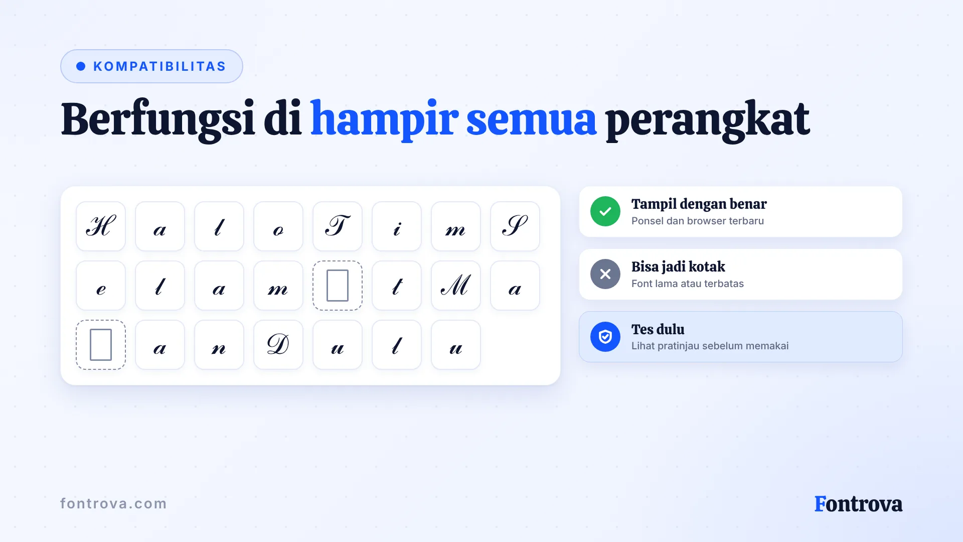 Huruf bergaya dalam grid dengan dua kotak kosong, contoh font WhatsApp di perangkat lama