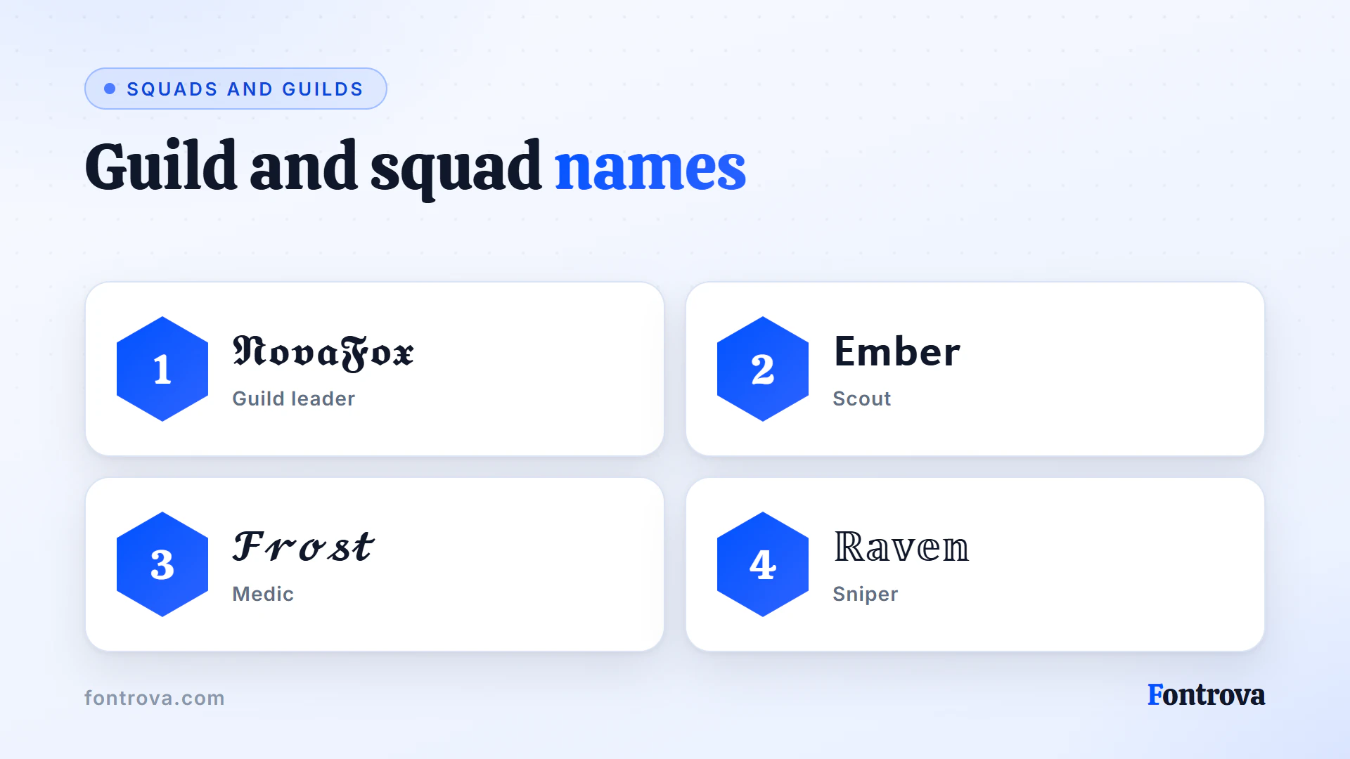 Four matching squad names for a Free Fire guild in gothic, sans bold, cursive and outline Unicode styles