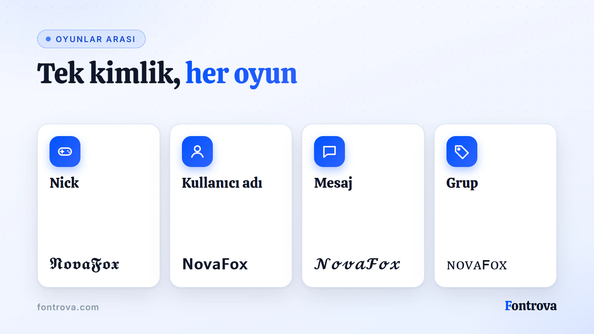 NovaFox takma adı oyun içi isim, kullanıcı adı, sohbet mesajı ve grup adı için stillendirilmiş halde