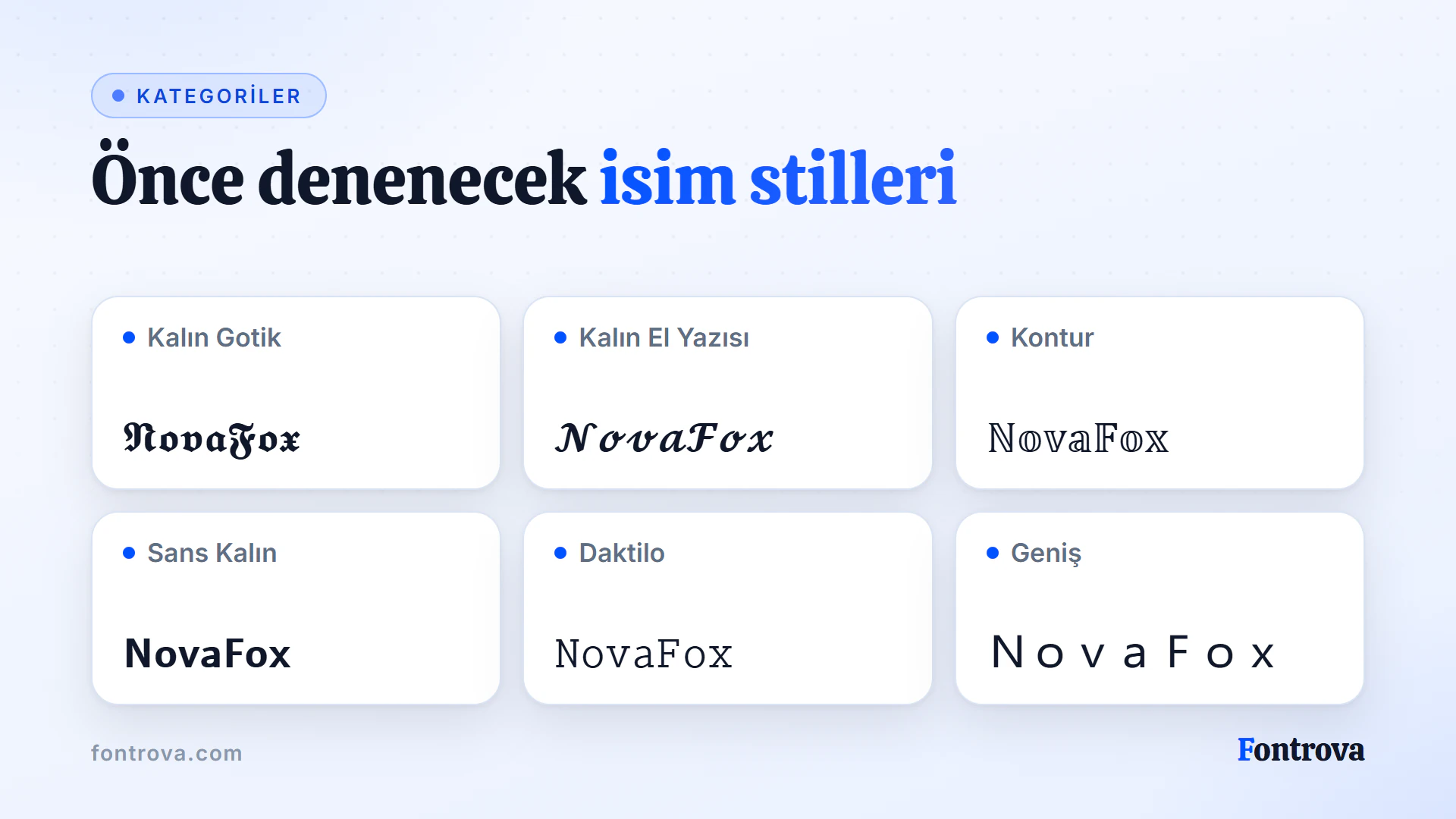 NovaFox altı oyuncu isim stilinde: Kalın Gotik, Kalın El Yazısı, Kontur, Sans Kalın, Daktilo ve Geniş