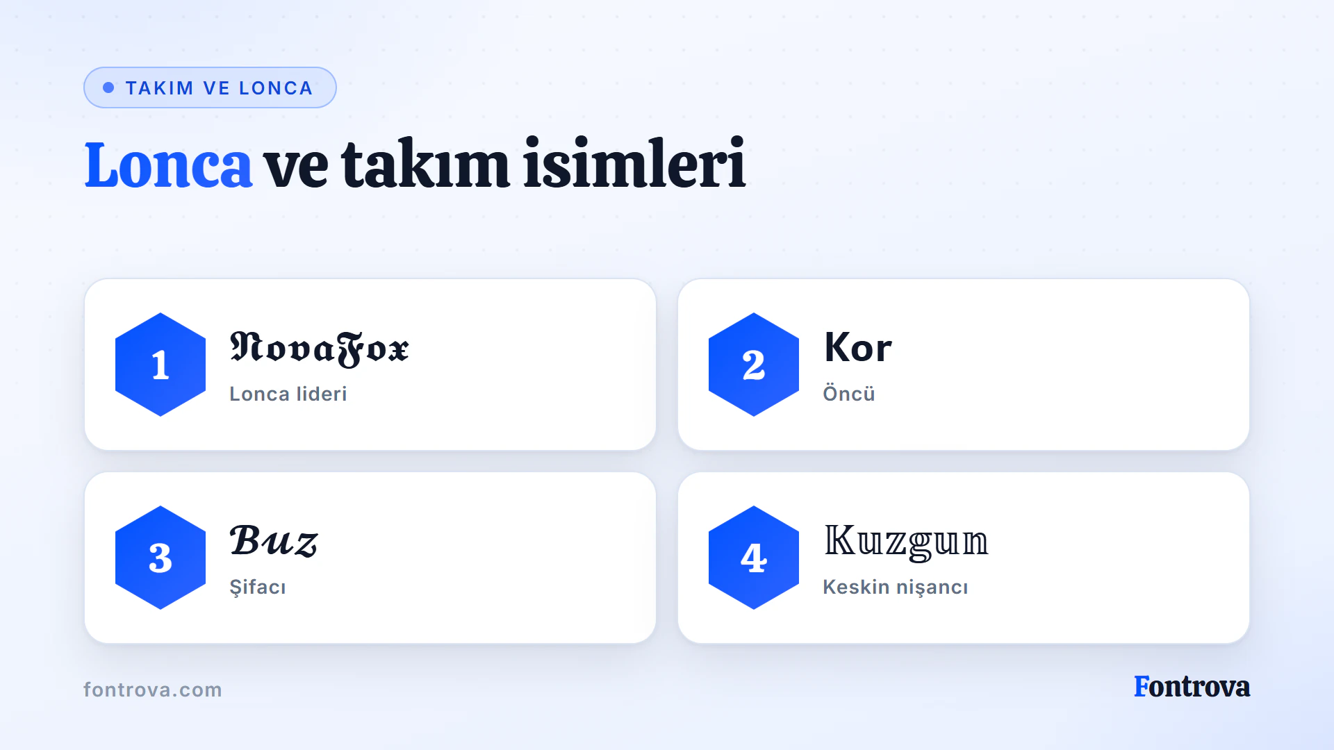 Bir Free Fire loncası için gotik, sans kalın, el yazısı ve kontur Unicode stillerinde uyumlu dört takım ismi
