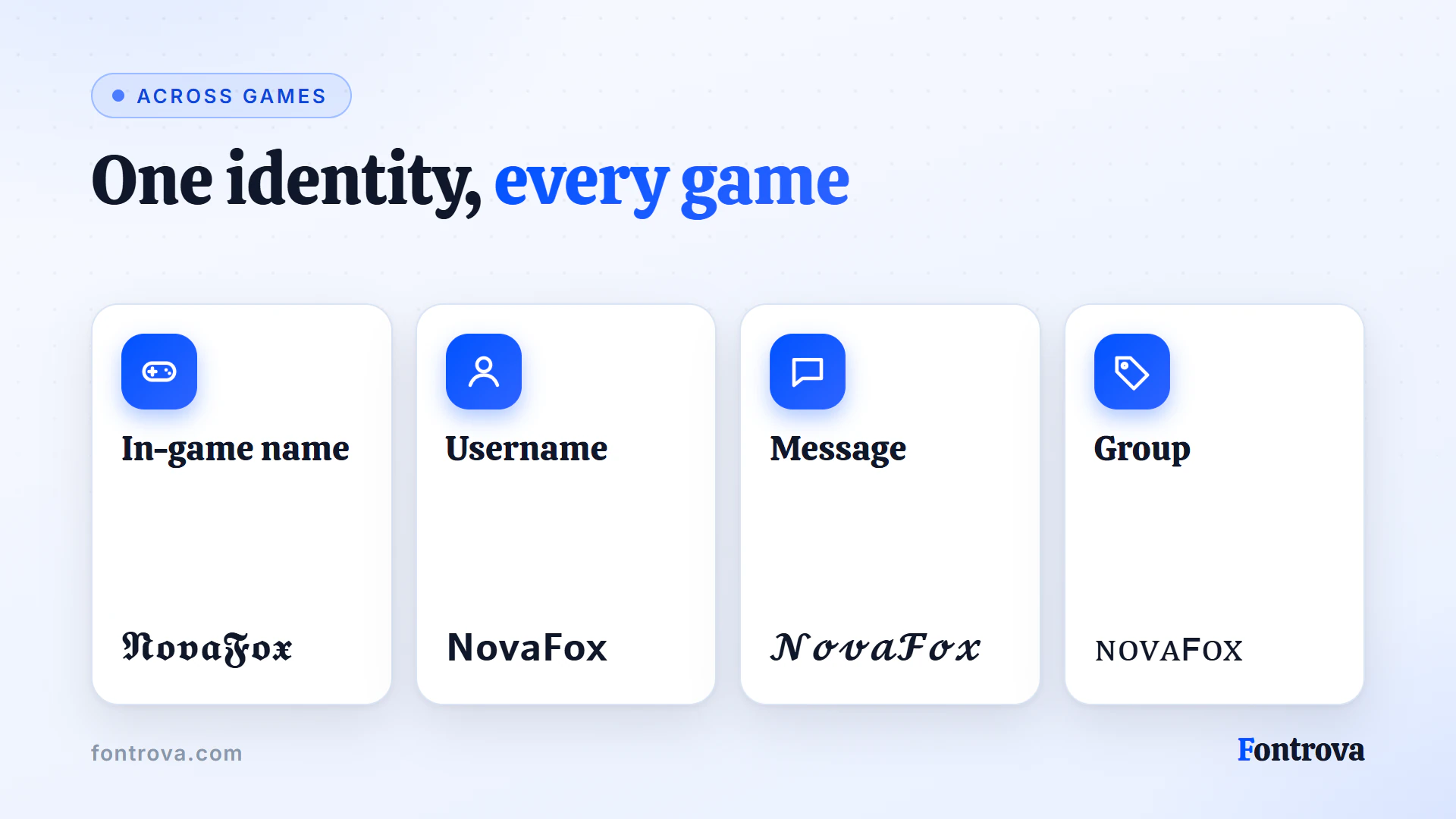 The nickname NovaFox styled for an in-game name, a username, a chat message and a group name