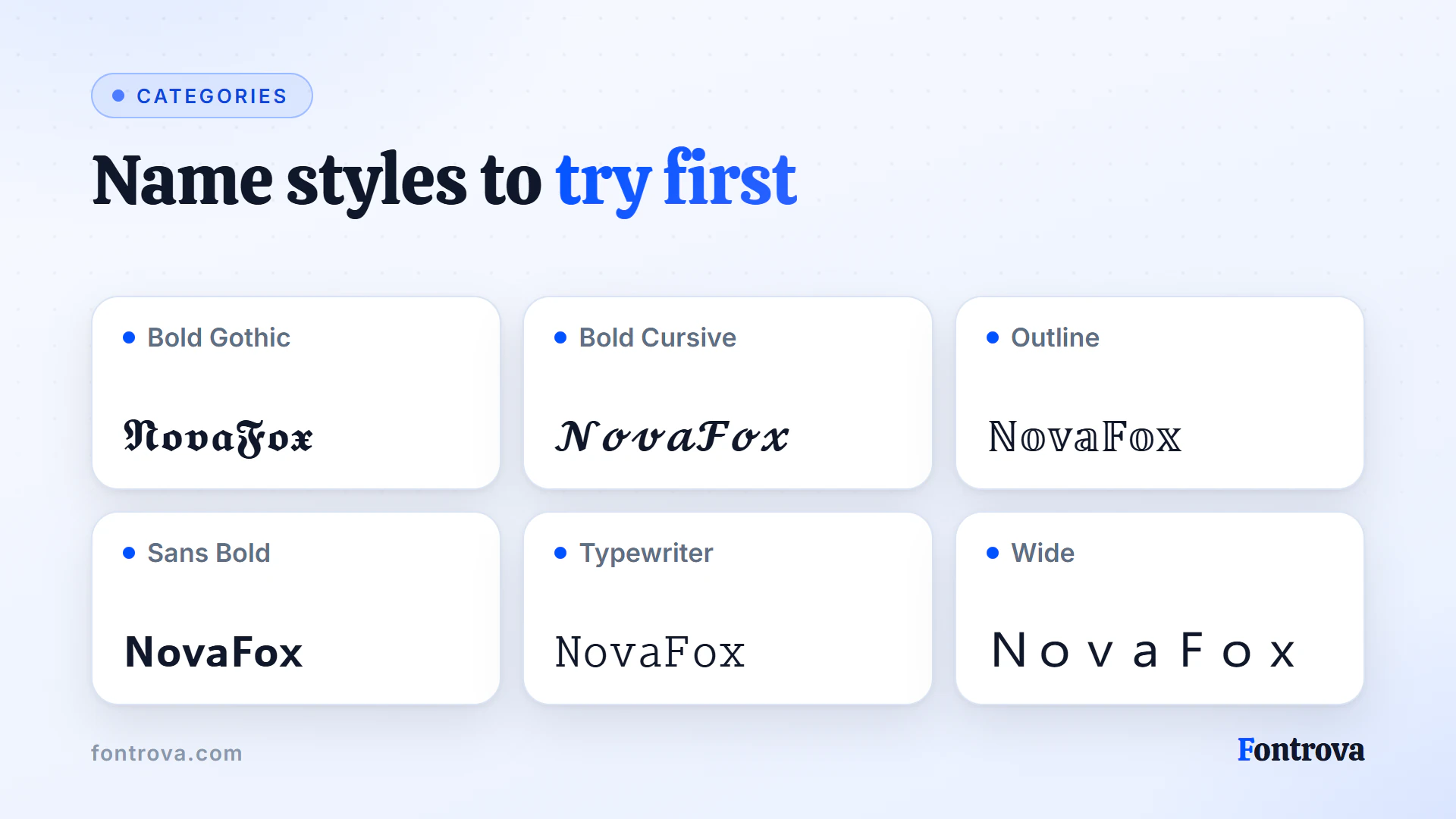 NovaFox in six gamer name styles: Bold Gothic, Bold Cursive, Outline, Sans Bold, Typewriter and Wide