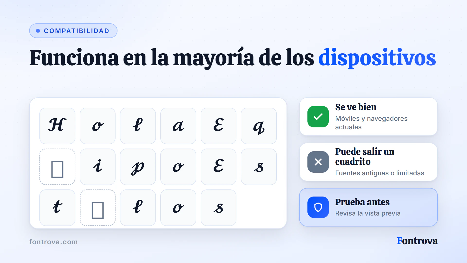 Letras con estilo en una cuadrícula con dos cuadritos vacíos, como en dispositivos antiguos que no muestran algunas fuentes