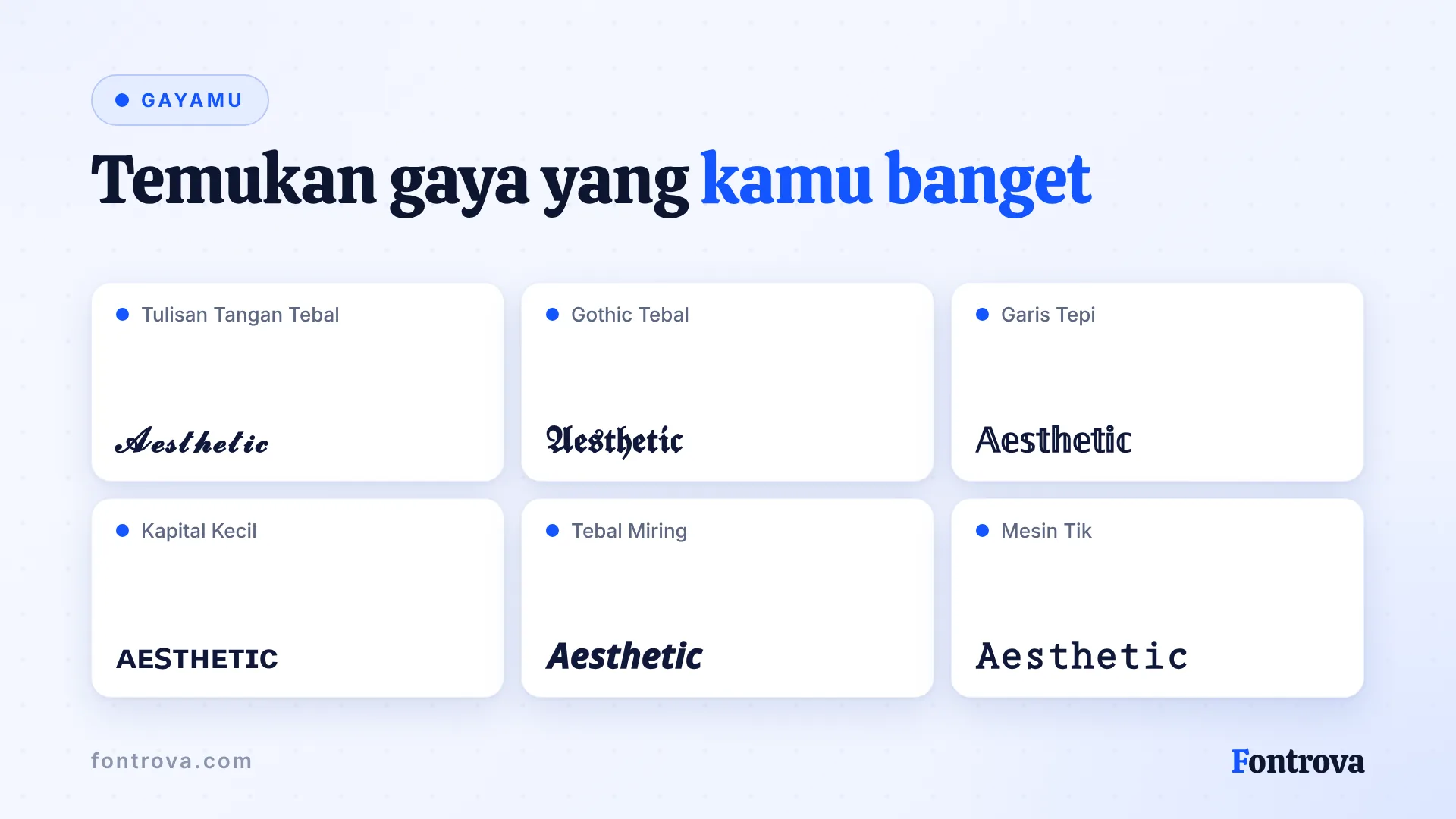 Kata Aesthetic dalam enam gaya bio Instagram: Tulisan Tangan Tebal, Gothic Tebal, Garis Tepi