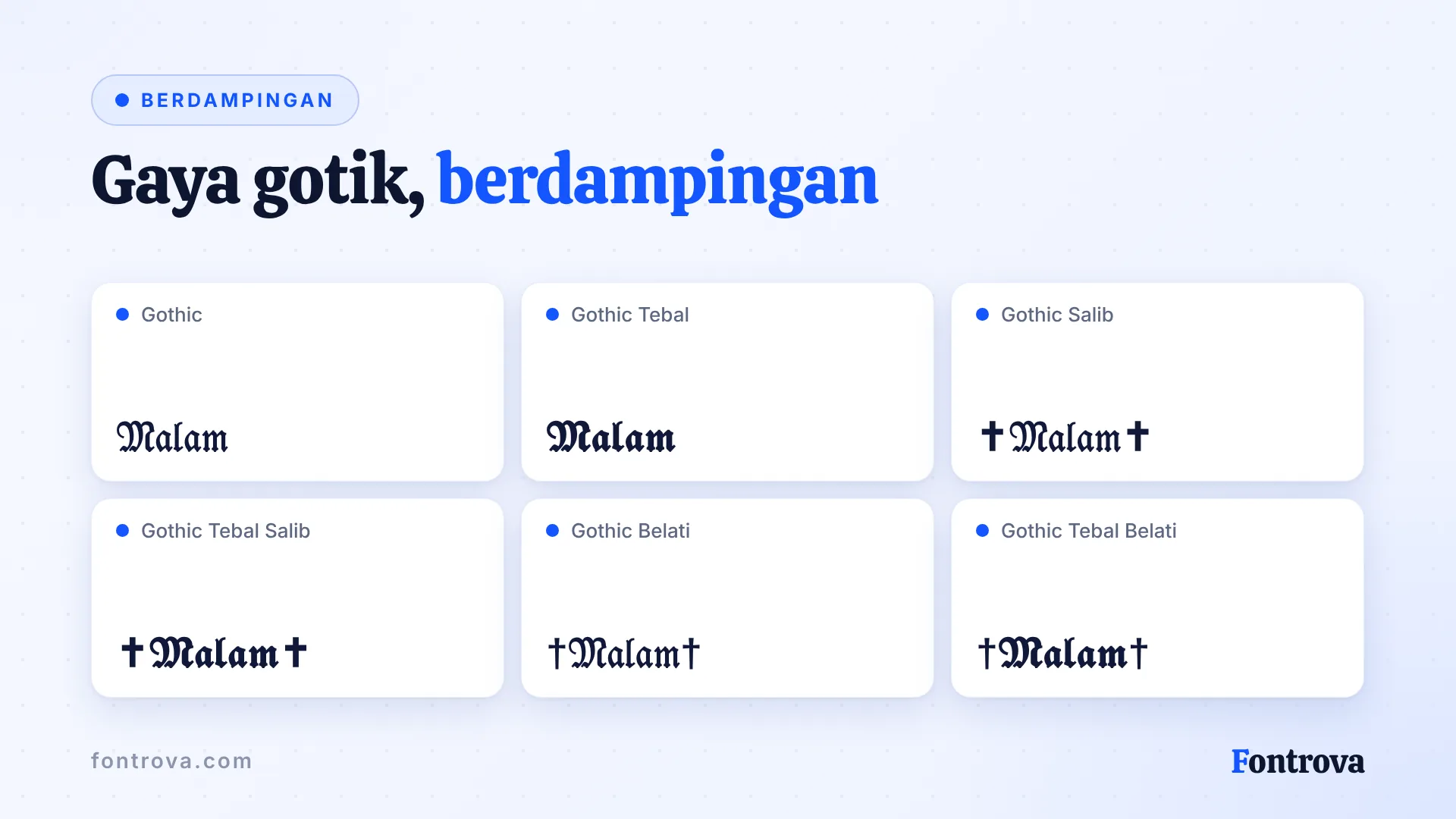 Kata Malam dalam enam gaya gotik: Gothic, Gothic Tebal, dan versi dengan salib serta belati