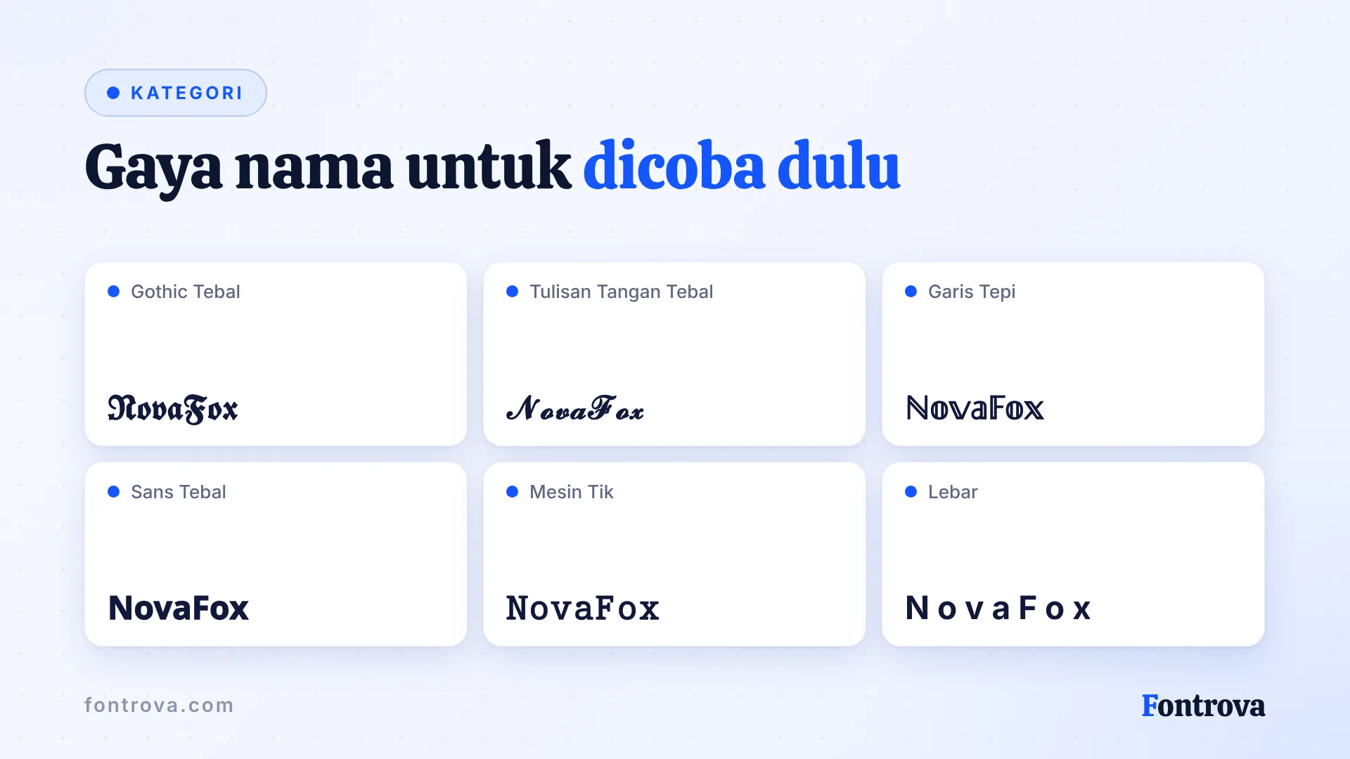 NovaFox dalam enam gaya julukan Free Fire: Gothic Tebal, Tulisan Tangan Tebal, Garis Tepi