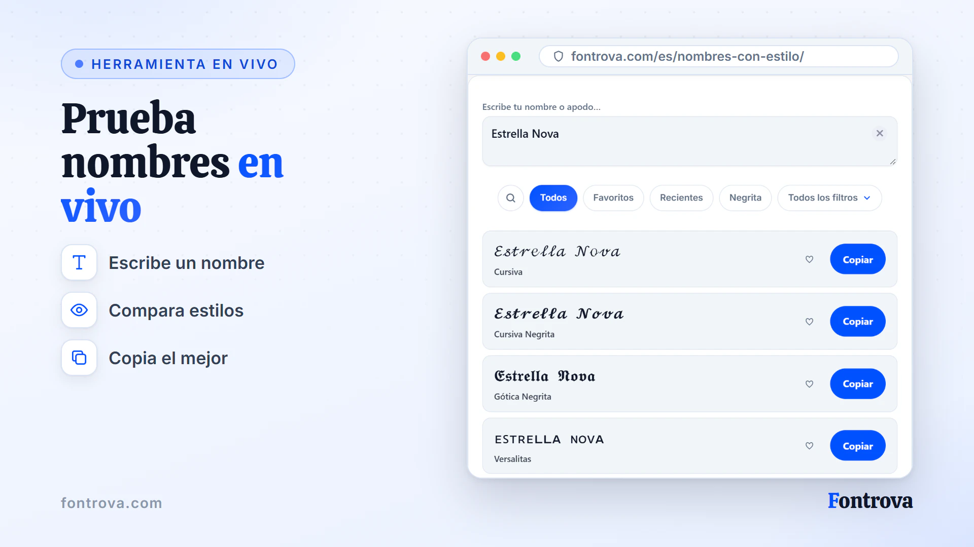 Generador de nombres mostrando Estrella Nova en varios estilos Unicode con botones Copiar