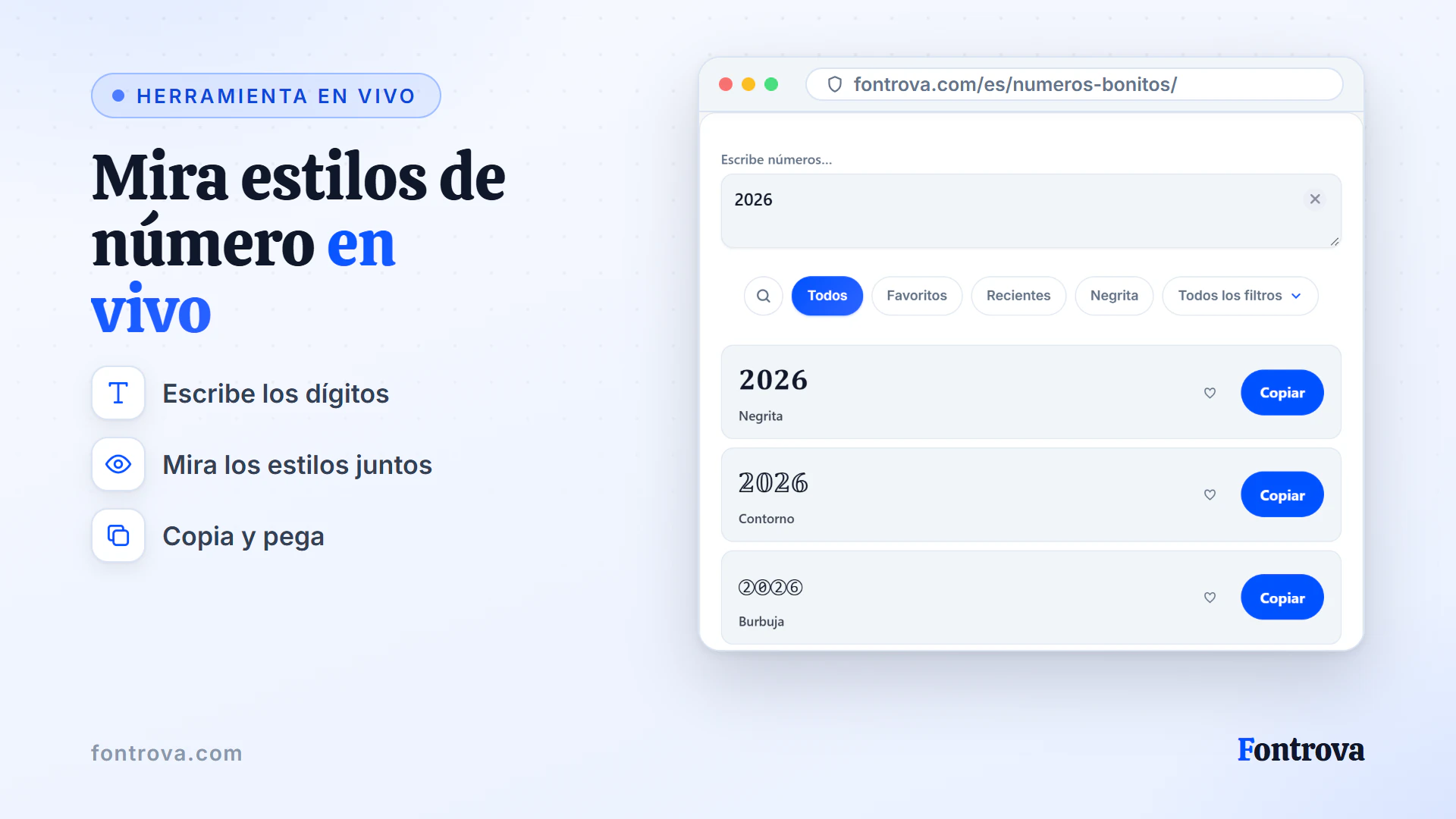 Generador de números mostrando los dígitos 2026 en varios estilos Unicode con botones Copiar