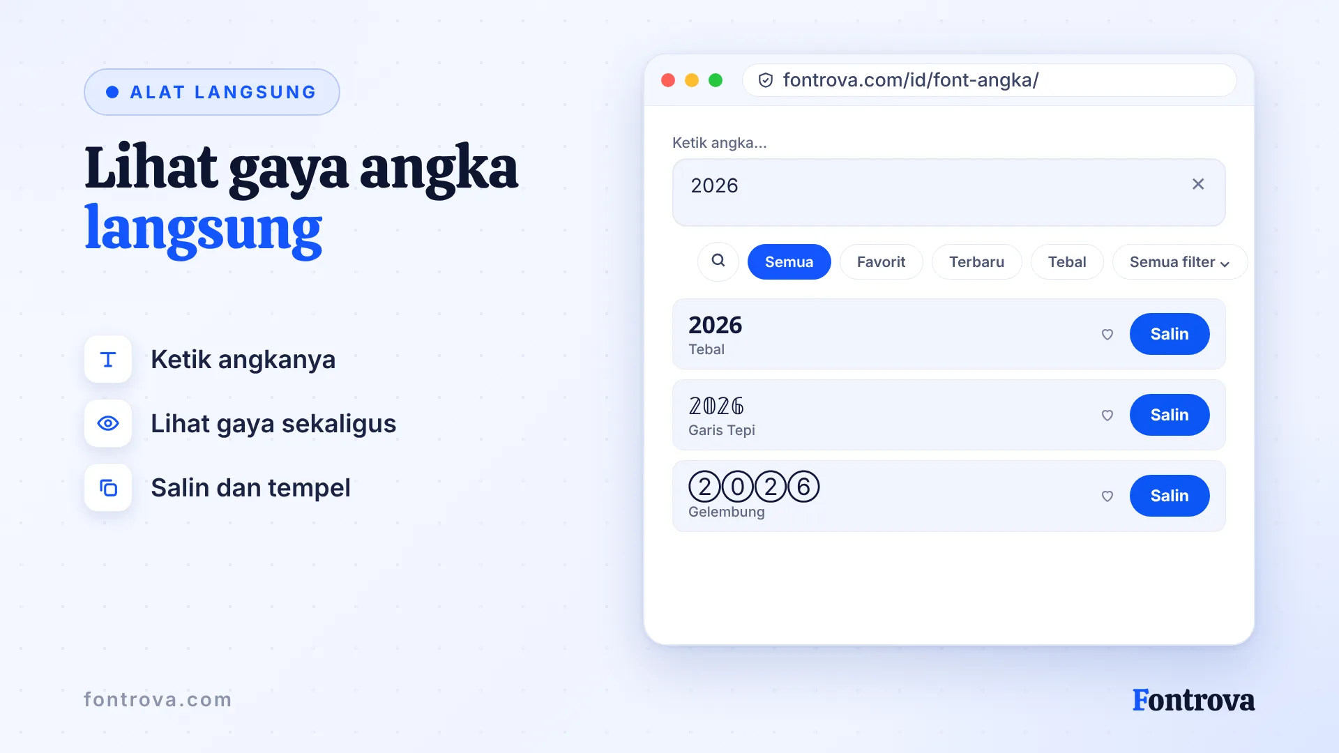 Generator angka Unicode menampilkan angka 2026 dalam beberapa gaya dengan tombol Salin