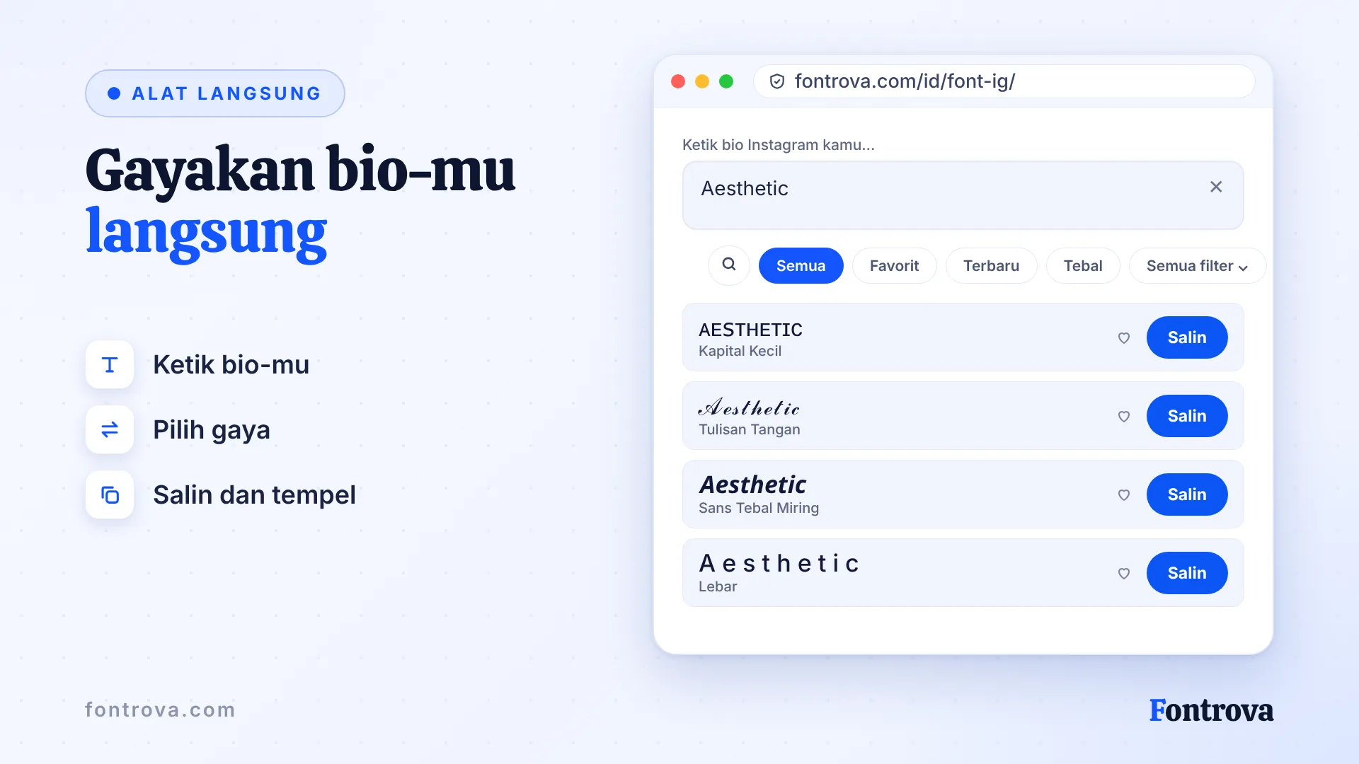 Generator bio Instagram menampilkan kata Aesthetic dalam beberapa gaya Unicode dengan tombol Salin