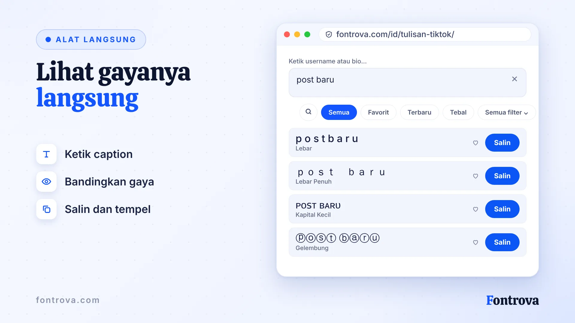 Generator bio TikTok menampilkan teks post baru dalam beberapa gaya Unicode dengan tombol Salin