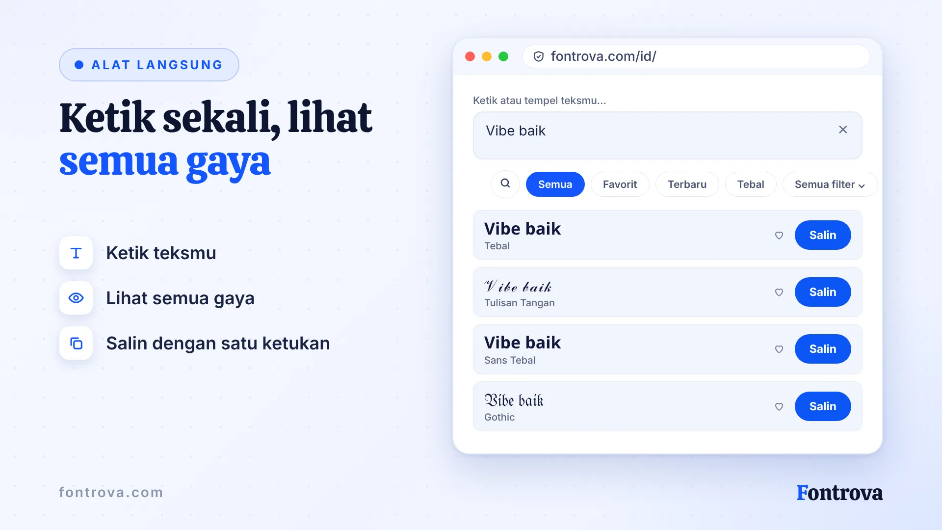Pratinjau generator font Unicode menampilkan Vibe baik dalam gaya Tebal, Tulisan Tangan, Sans Tebal
