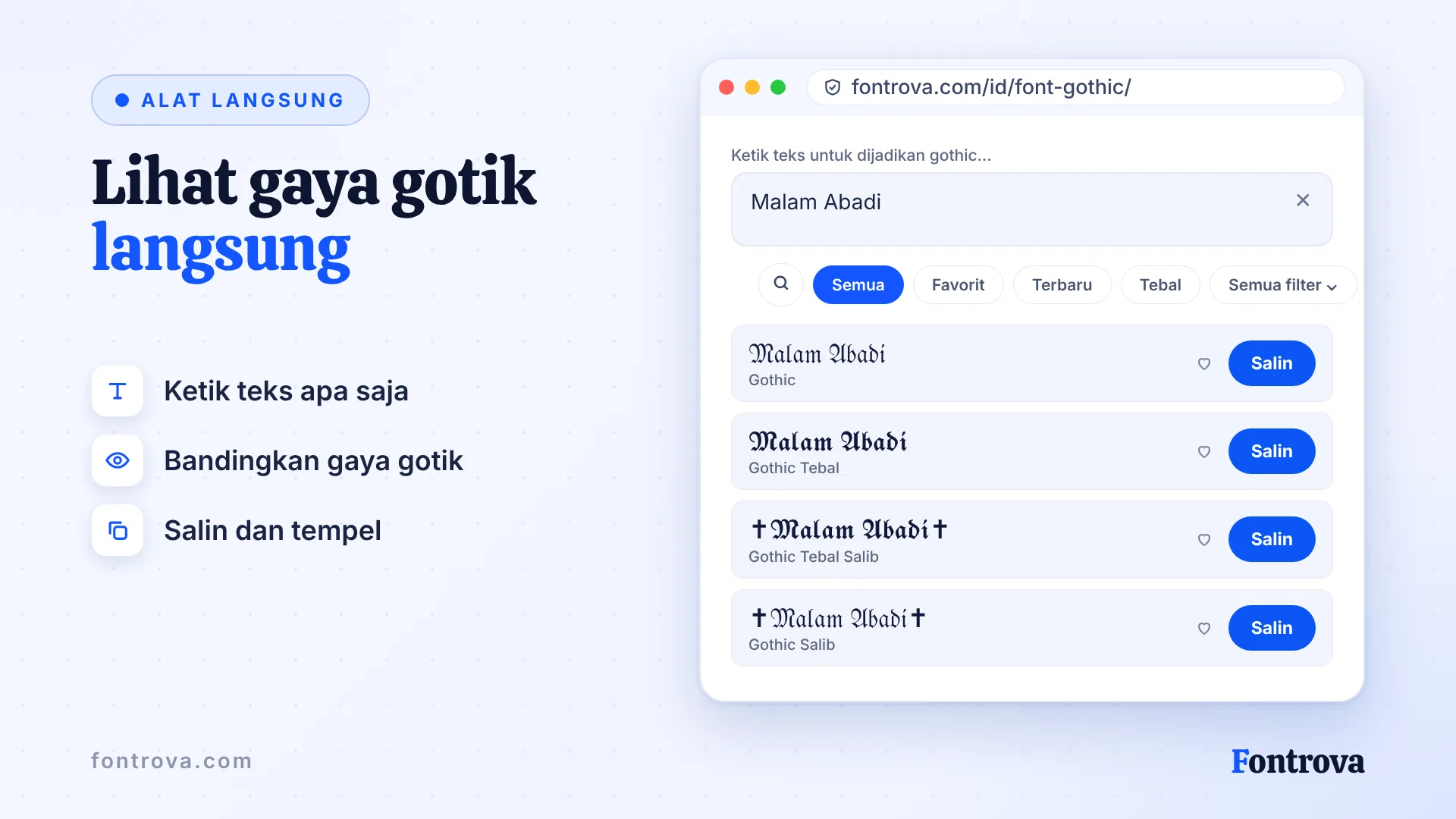Generator gaya gotik menampilkan teks Malam Abadi dalam Gothic, Gothic Tebal, dan versi bersalib