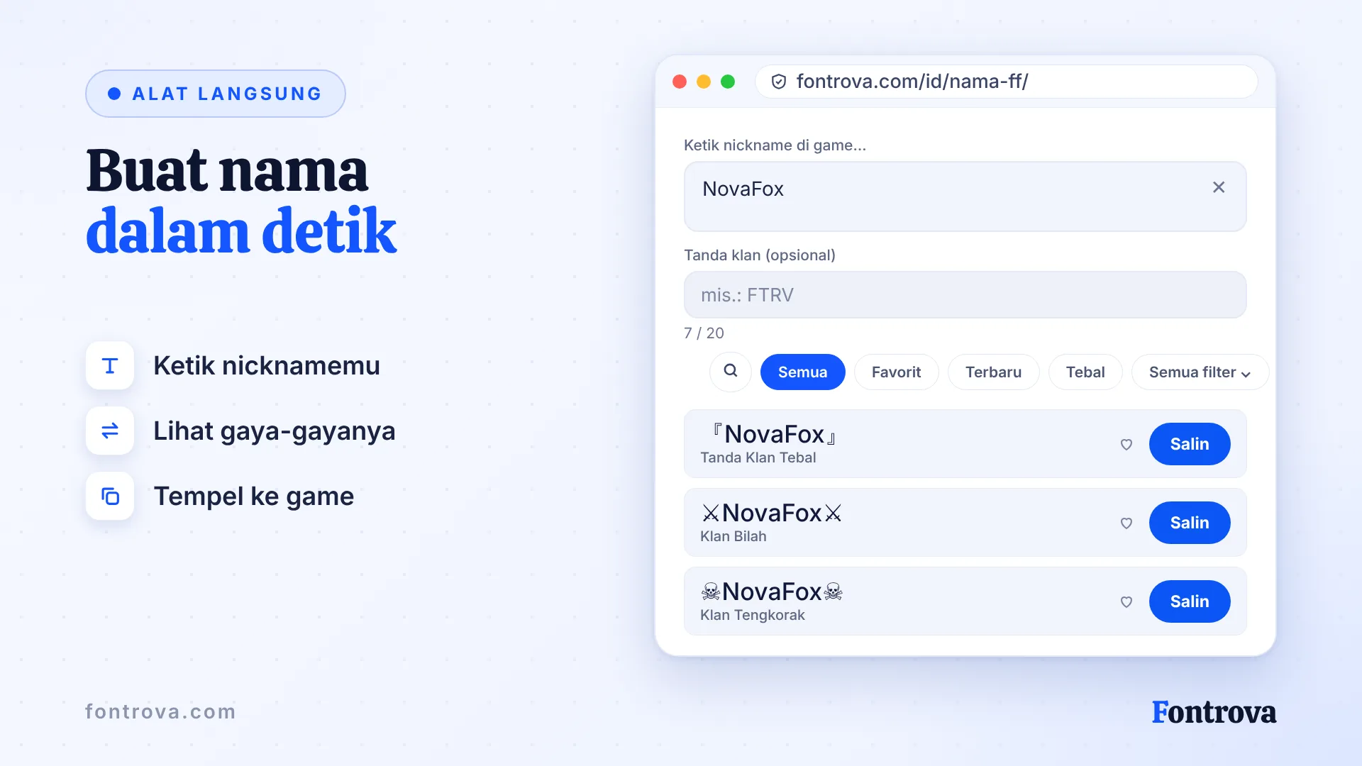 Generator julukan Free Fire menampilkan NovaFox dalam beberapa gaya Unicode dengan tombol Salin