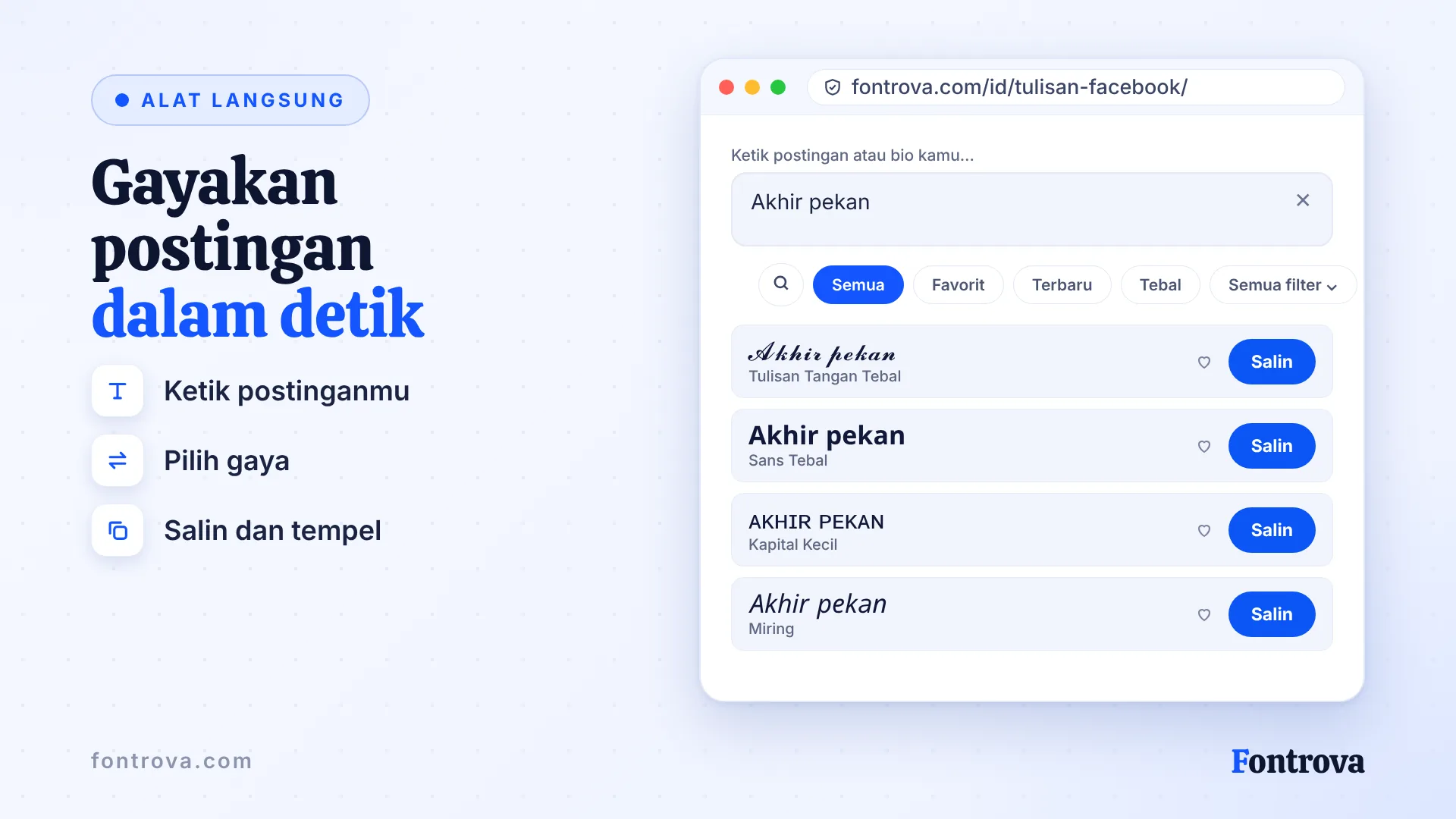 Generator teks Facebook menampilkan frasa Akhir pekan dalam beberapa gaya Unicode dengan tombol Salin