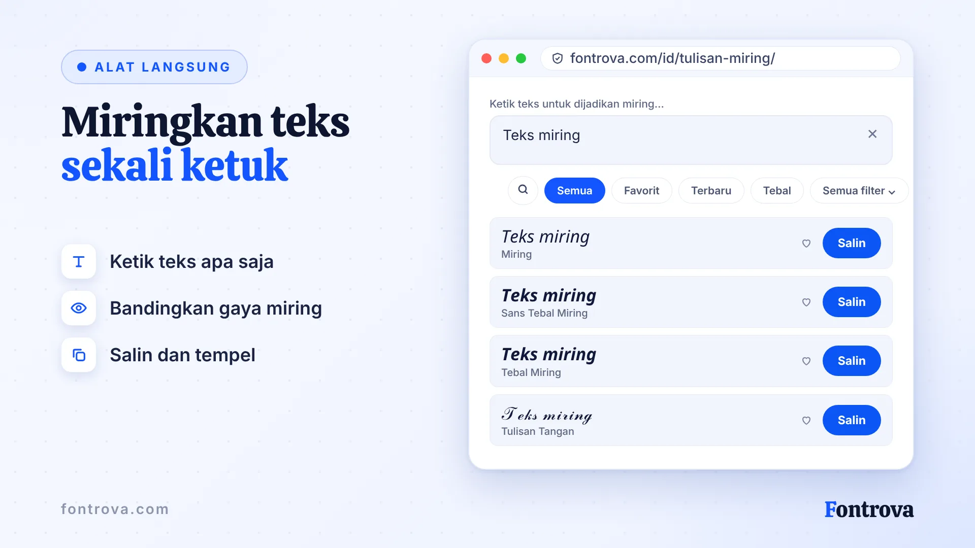 Generator teks italik menampilkan frasa Teks miring dalam beberapa gaya Unicode miring dengan tombol Salin