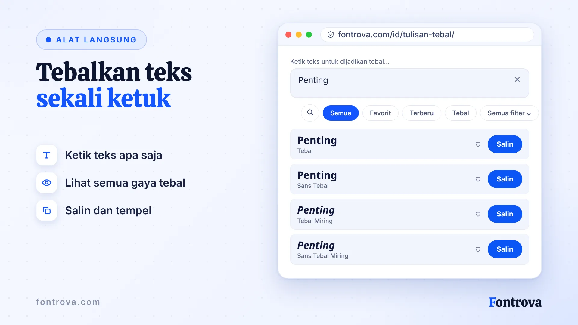 Generator teks tebal menampilkan kata Penting dalam Tebal, Sans Tebal, dan gaya tebal Unicode lainnya