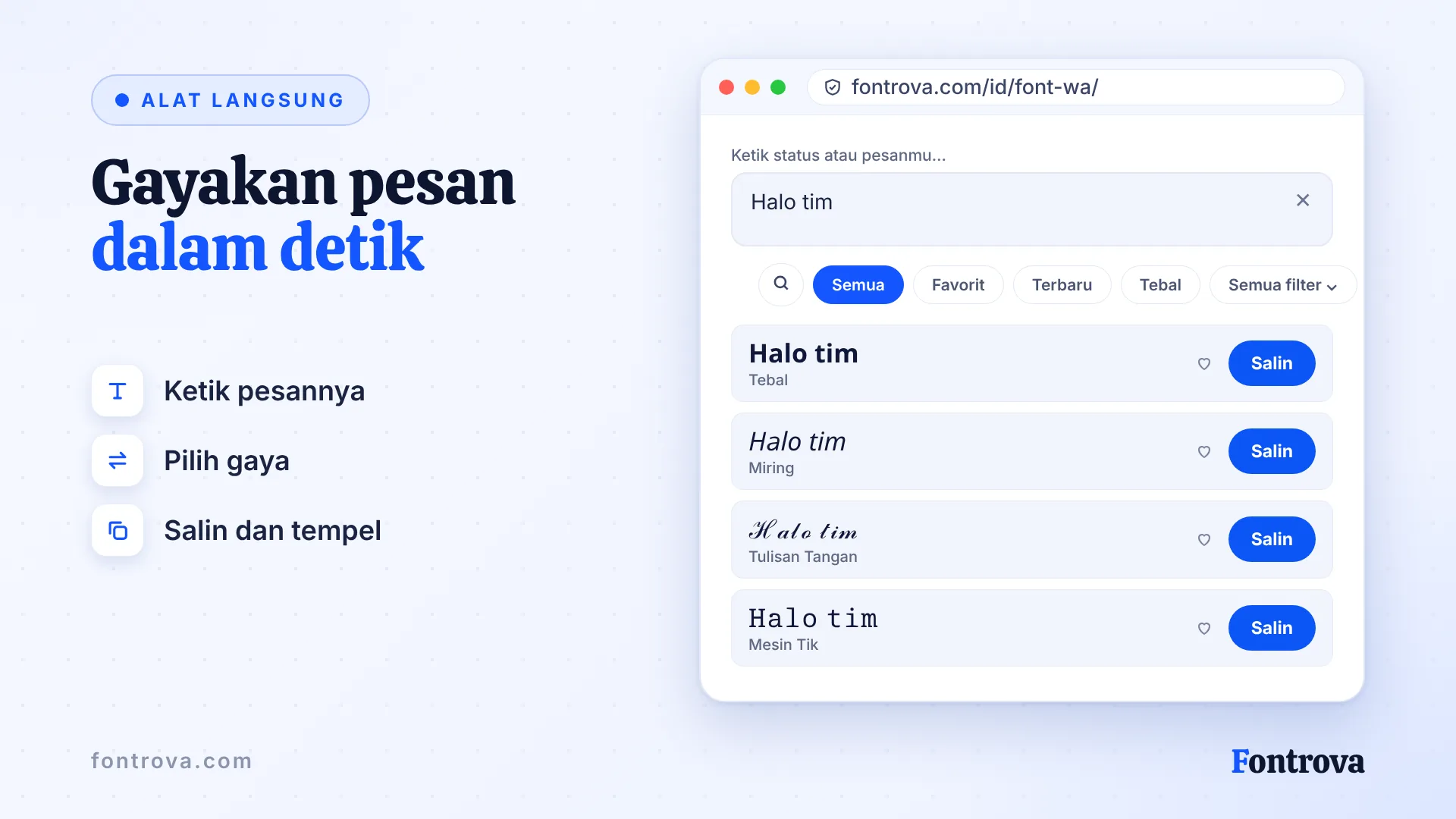 Generator tulisan WhatsApp menampilkan sapaan Halo tim dalam beberapa gaya Unicode dengan tombol Salin