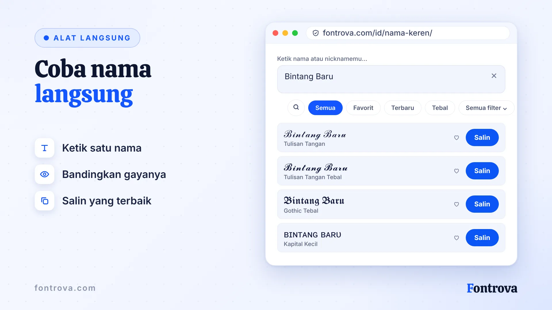 Generator username unik menampilkan nama Bintang Baru dalam beberapa gaya Unicode dengan tombol Salin