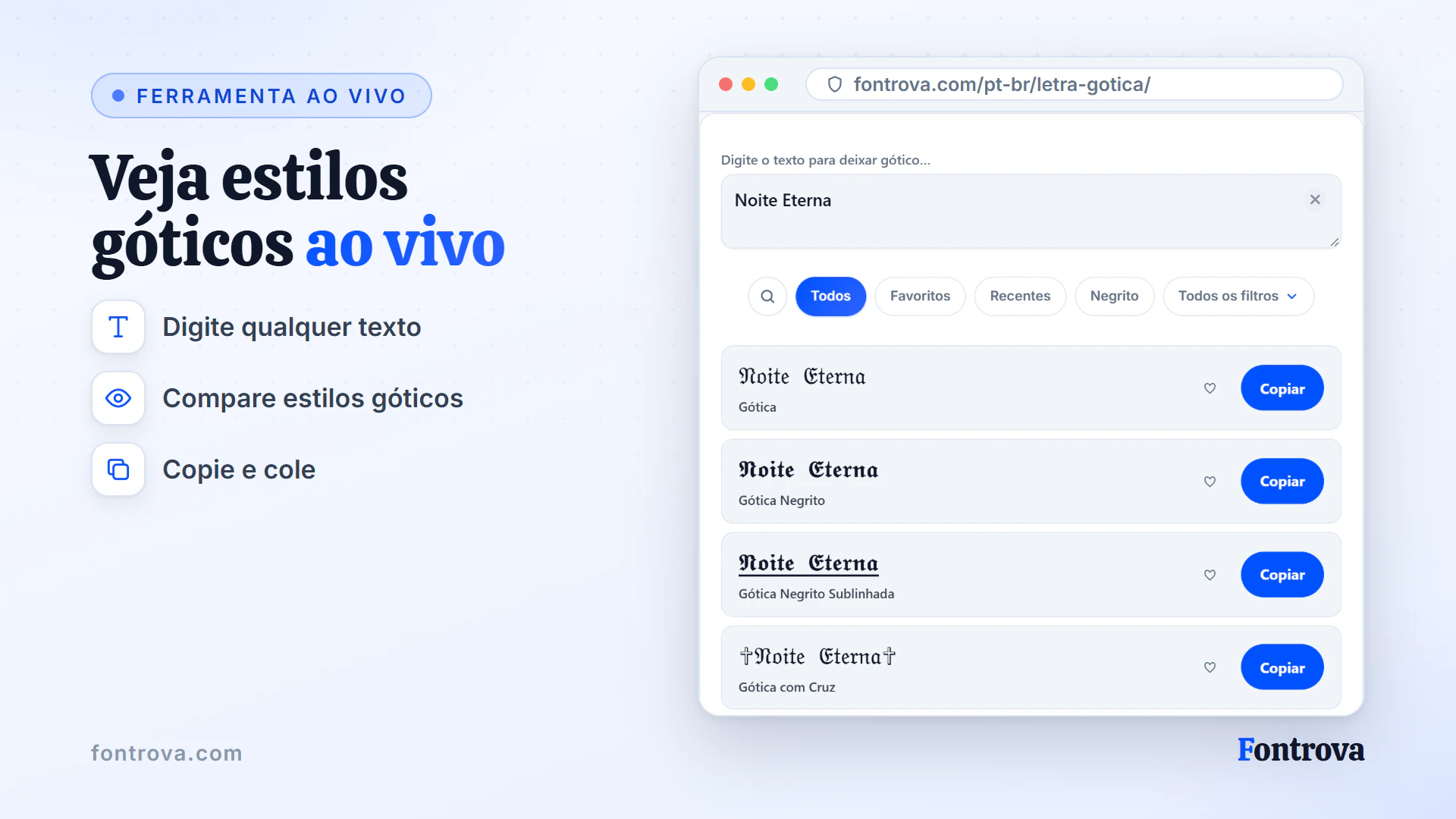 Gerador de letra gótica mostrando o texto Noite Eterna em Gótica, Gótica Negrito e versões decoradas com cruz