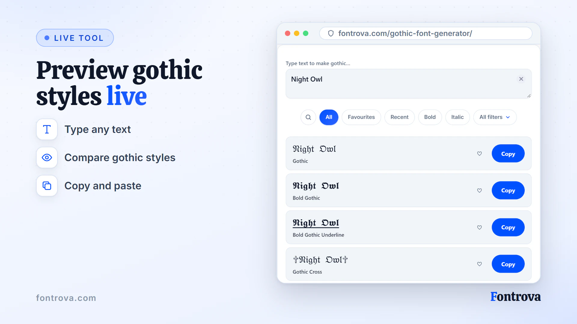 Gothic font generator showing the text Night Owl in Gothic, Bold Gothic and cross-decorated styles