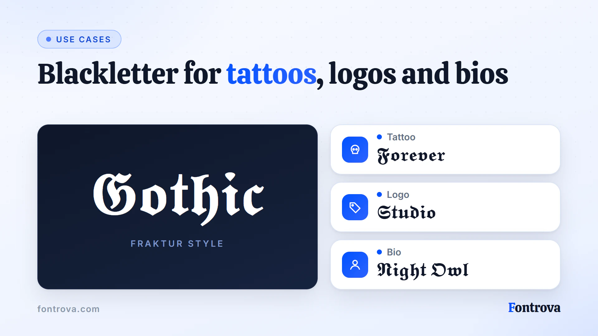 Large Bold Gothic specimen with sample uses for a tattoo word, a studio logo and a social bio