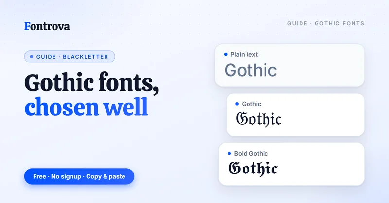 Gothic fonts guide: the word Gothic in plain text, Gothic and Bold Gothic Unicode blackletter styles