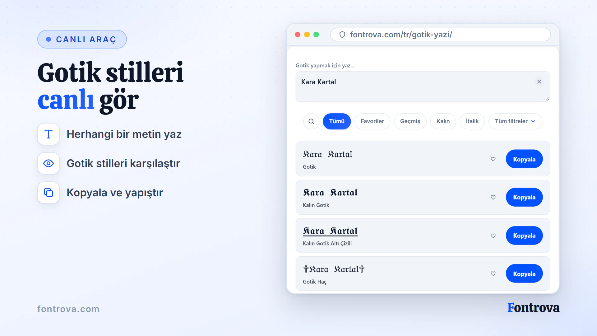 Gotik font oluşturucu, Kara Kartal metnini Gotik, Kalın Gotik ve haç süslemeli stillerde gösteriyor