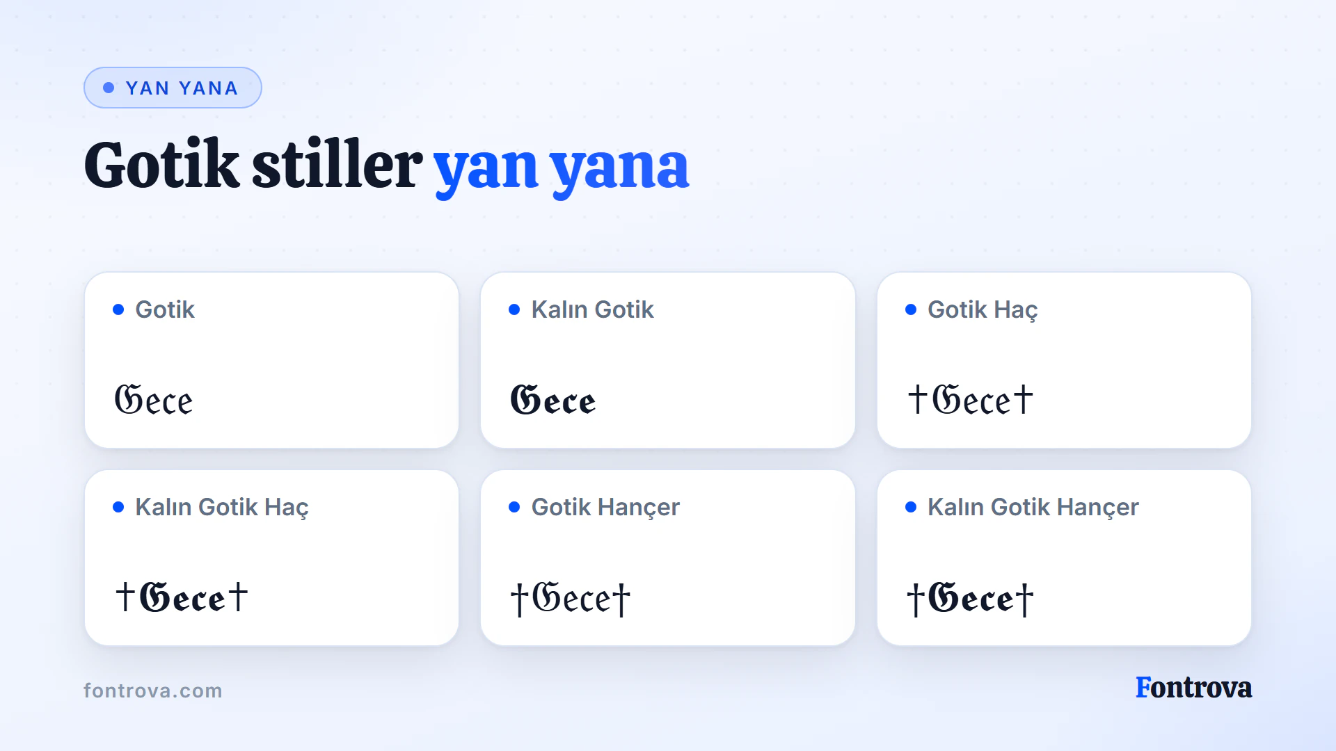 Gece kelimesi altı gotik stilde: Gotik, Kalın Gotik ile haç ve hançer süslemeli sürümler