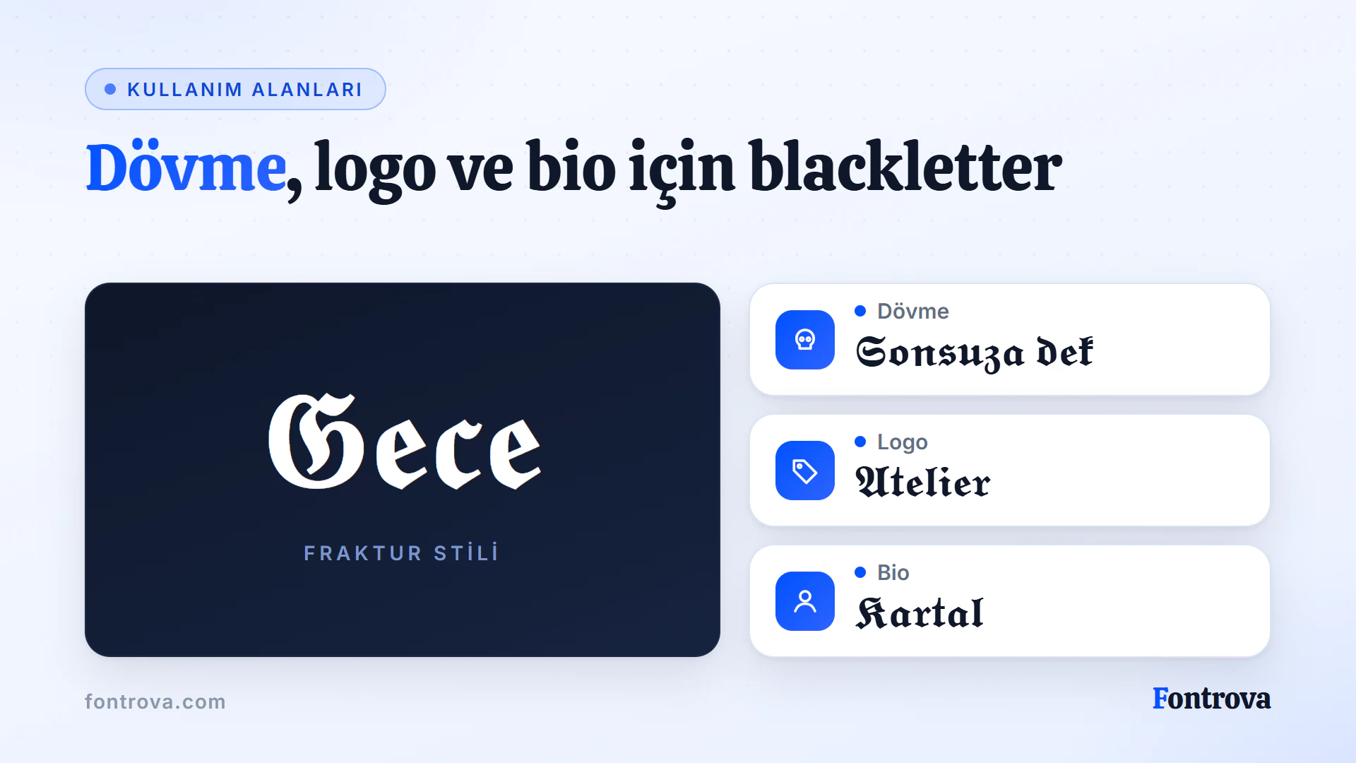 Dövme sözcüğü, atölye logosu ve sosyal bio için örnek kullanımlarla büyük bir Kalın Gotik numune