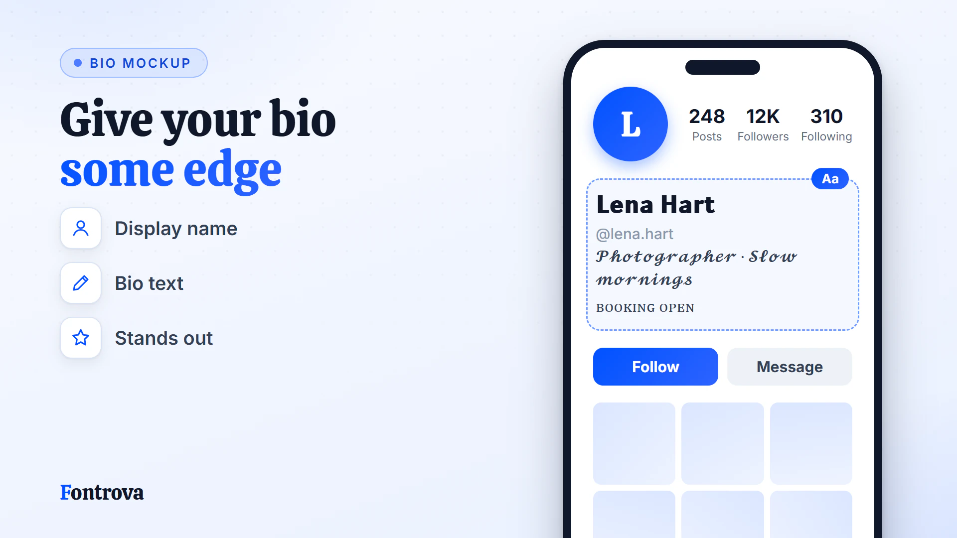 Bio mockup with a Sans Bold name, a Bold Cursive tagline and a Small Caps line for a photographer profile